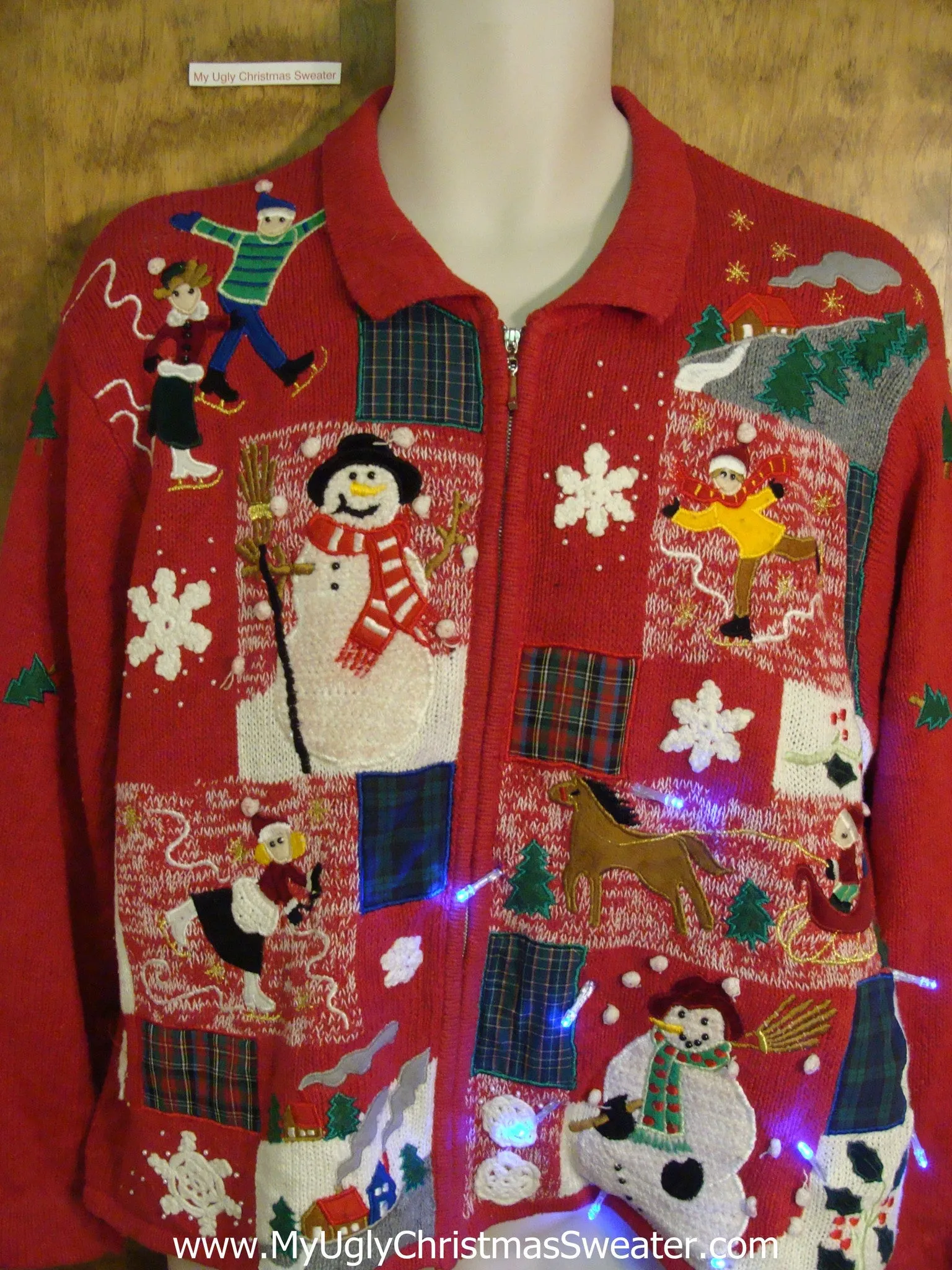 Crazy Patchwork Red Light Up Ugly Xmas Sweater