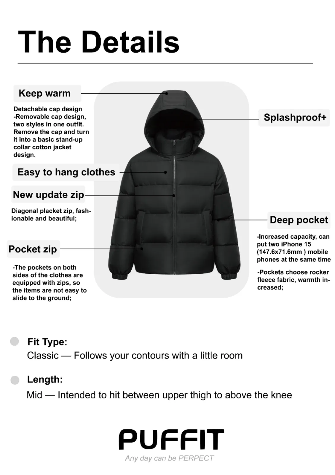 Detachable Hooded Puffer Jacket Splashproof Menswear