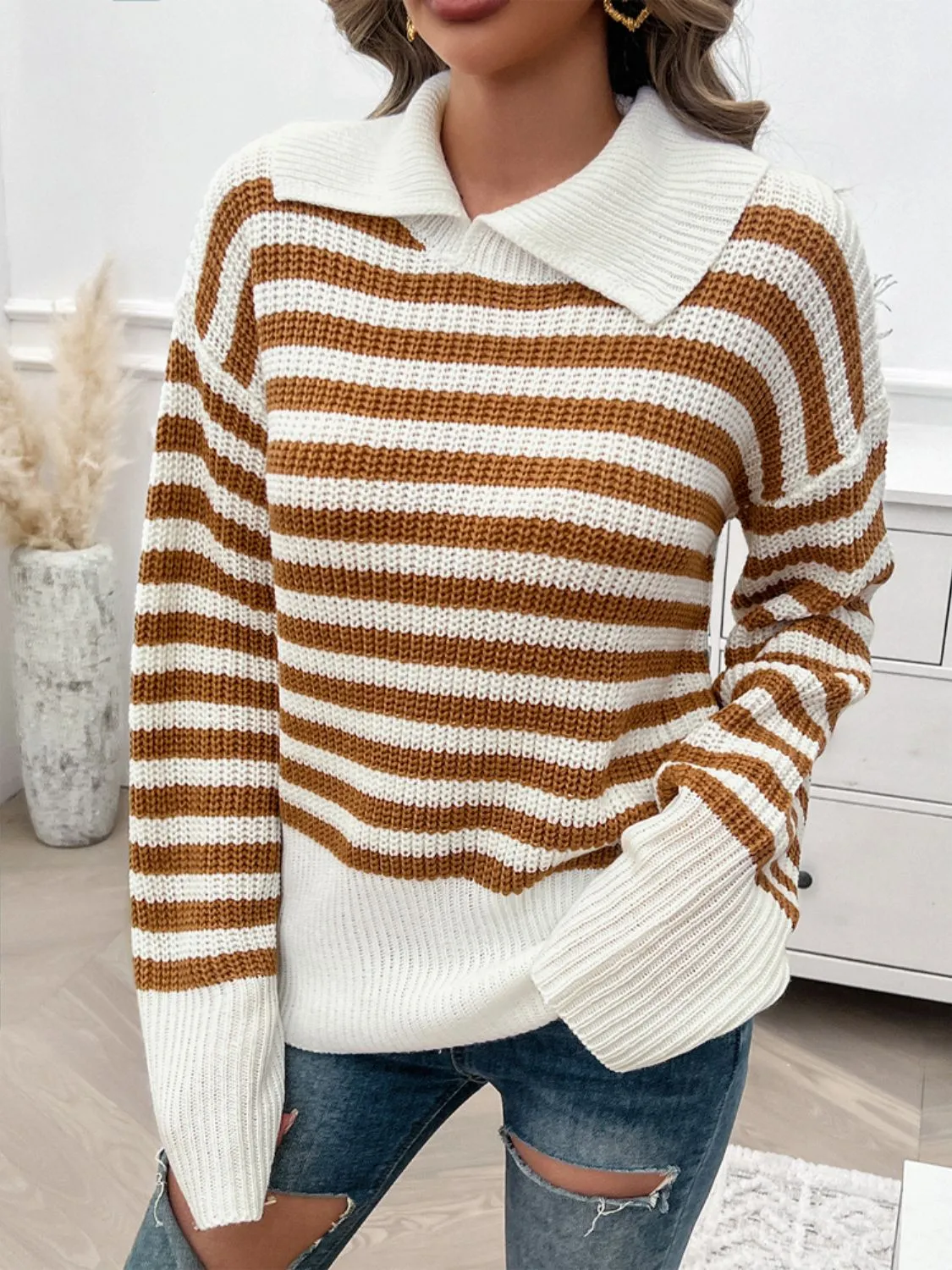 Devine Striped Collared Neck Long Sleeve Sweater