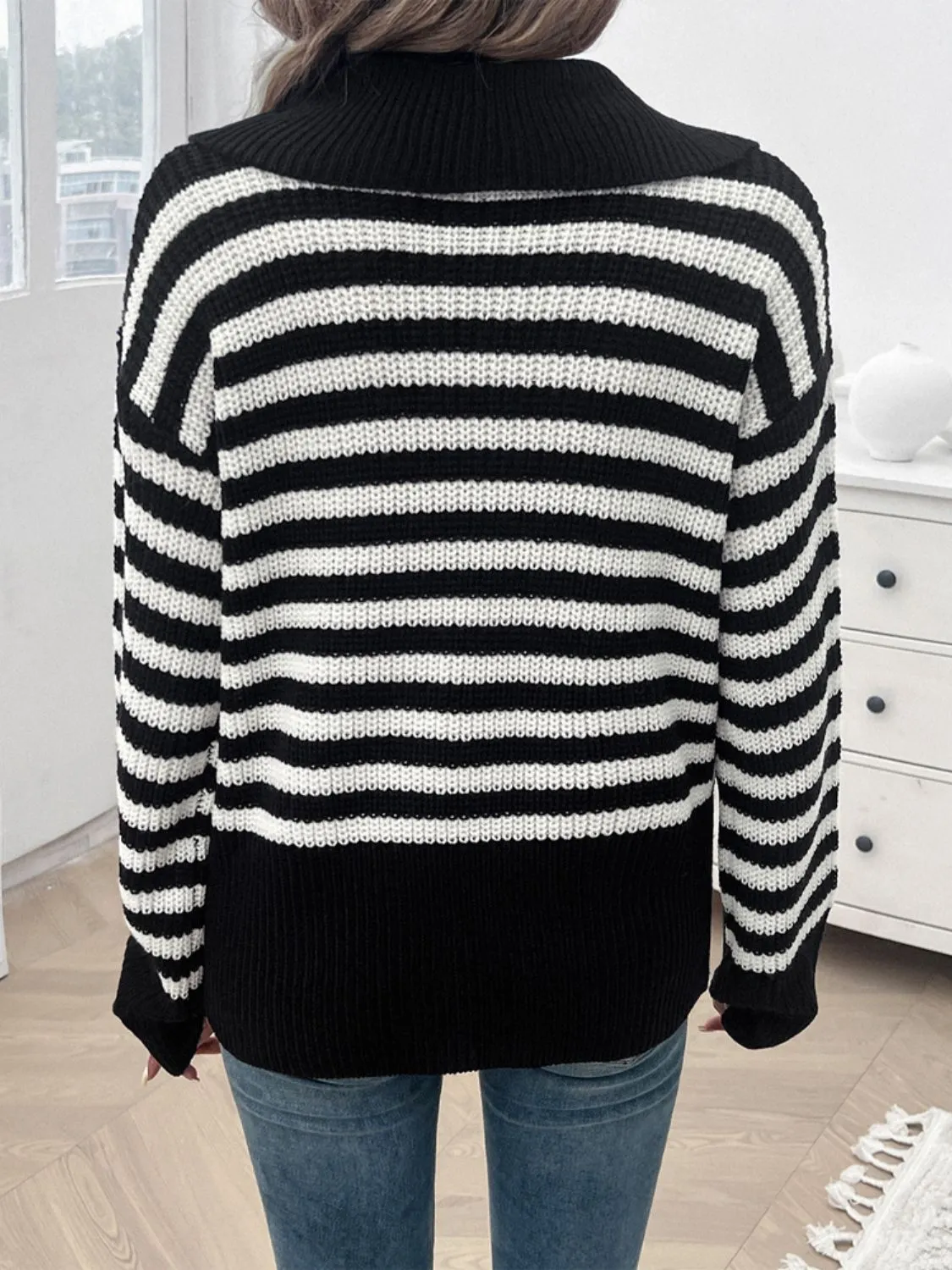 Devine Striped Collared Neck Long Sleeve Sweater