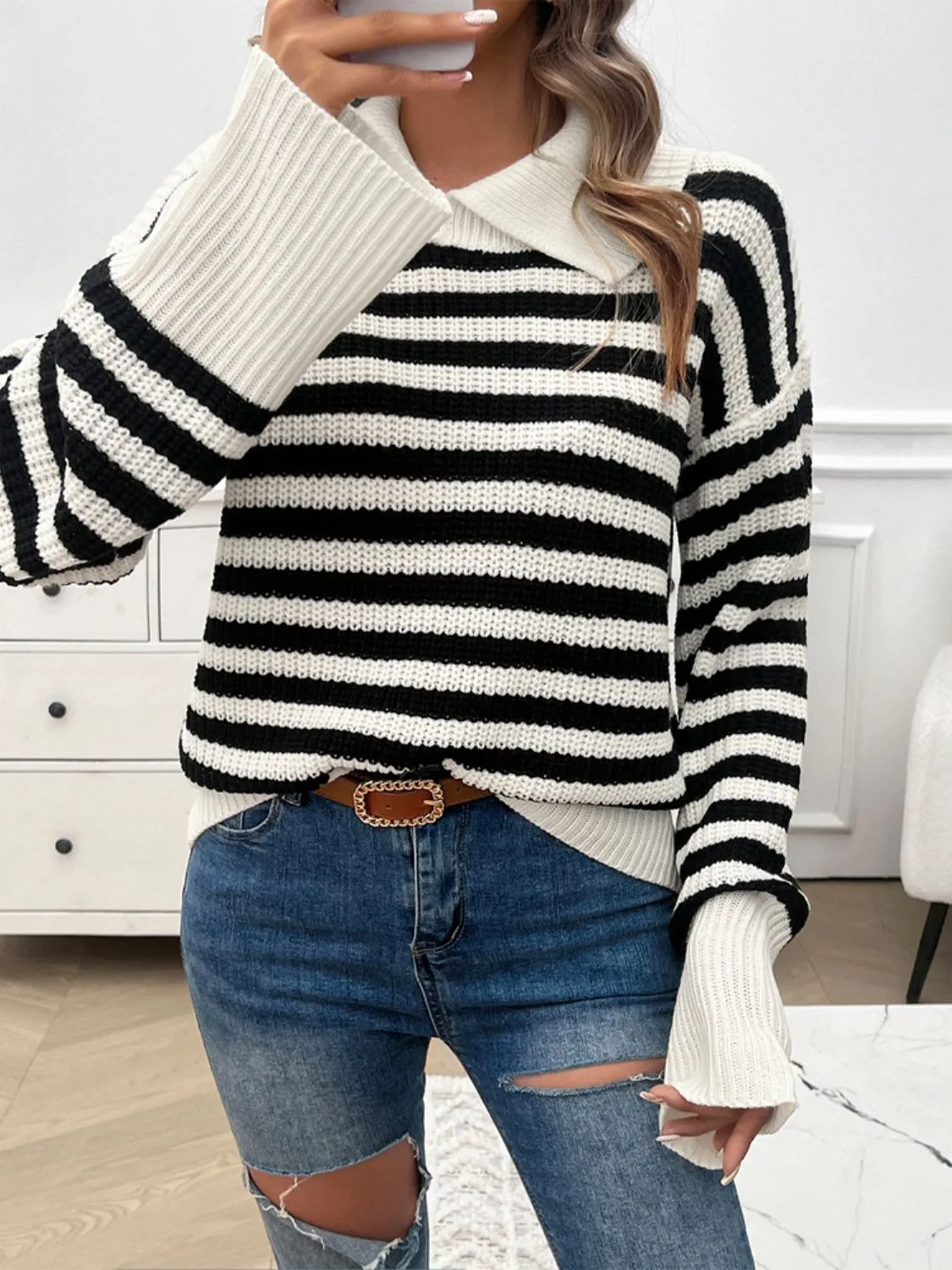 Devine Striped Collared Neck Long Sleeve Sweater