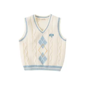 Elephant Embroidery Argyle Pattern Boy V-Neck Cable Knitted Ivory Vest