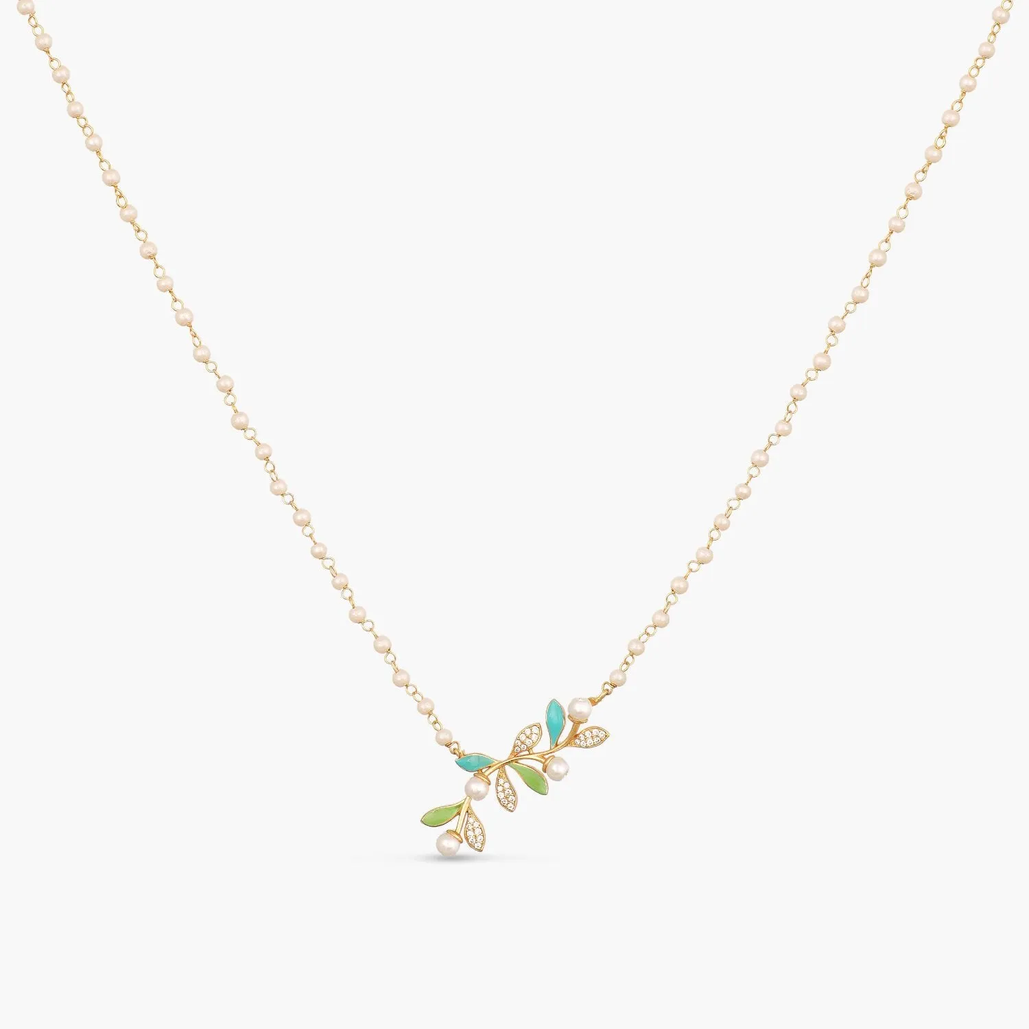 Eriha Pearl Single Layer Green Leaf Necklace