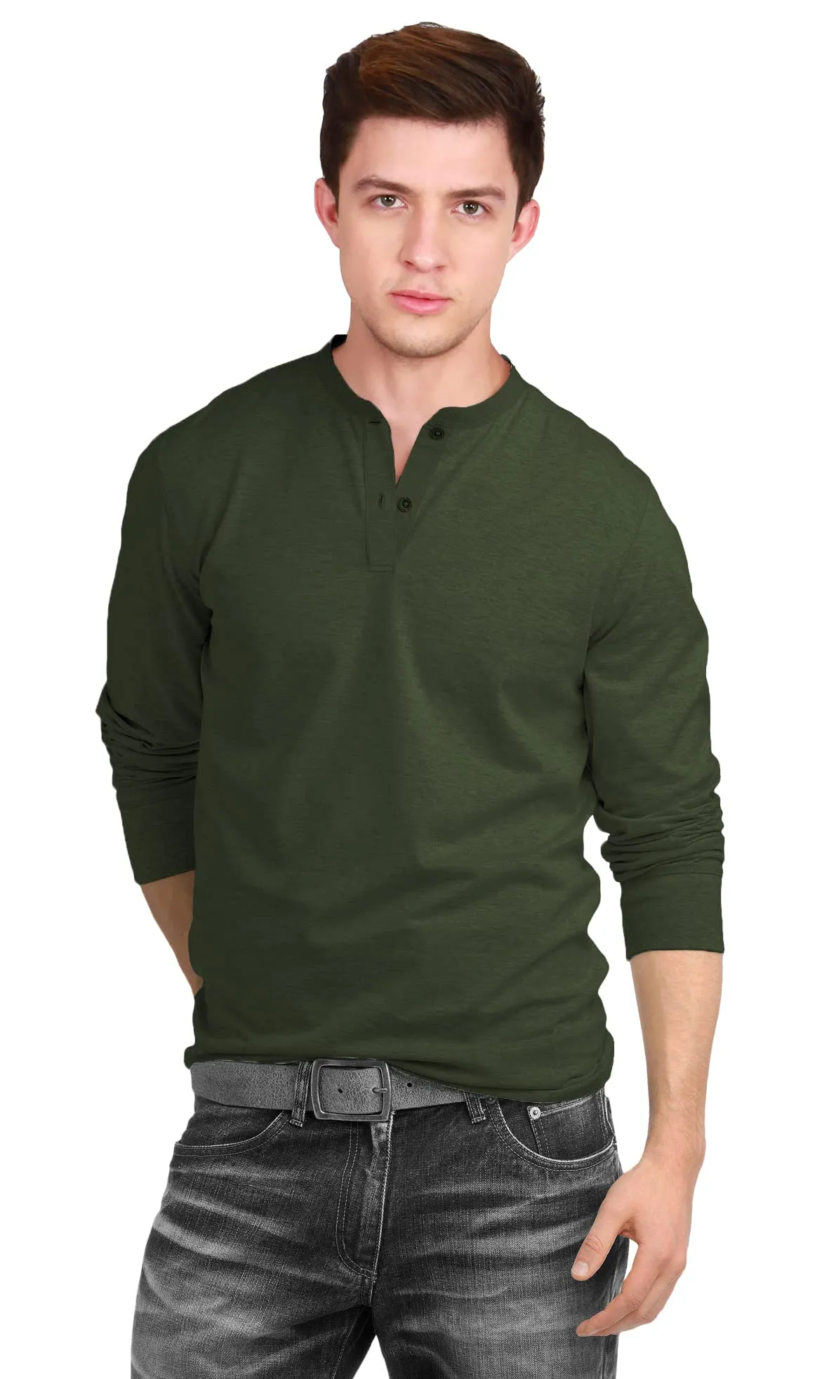 fanideaz Branded Men's Relaxed Fit Full Sleeve Henley T Shirt For Men_Olive_L