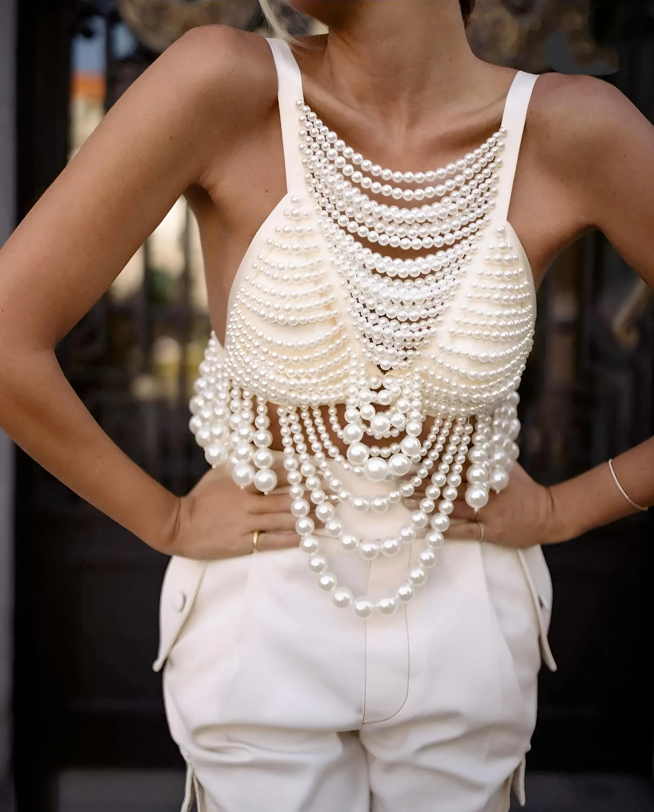 Fashion Women's Pearl Beaded Top Pearl Bra Top Ladies Party Female Elegant Beaded Vest Tops