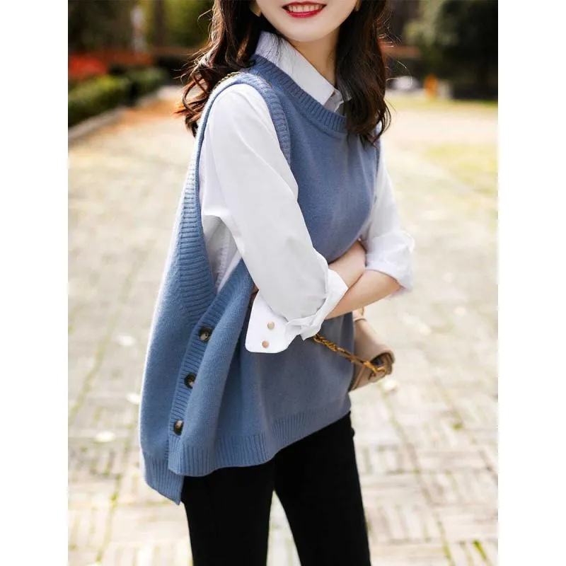 Fashionkova  O-Neck Sweater Vests Women Elegant Loose Sleeveless Knitted Sweaters Side-Button All-Match Stylish Popular Solid Cozy Ulzzang