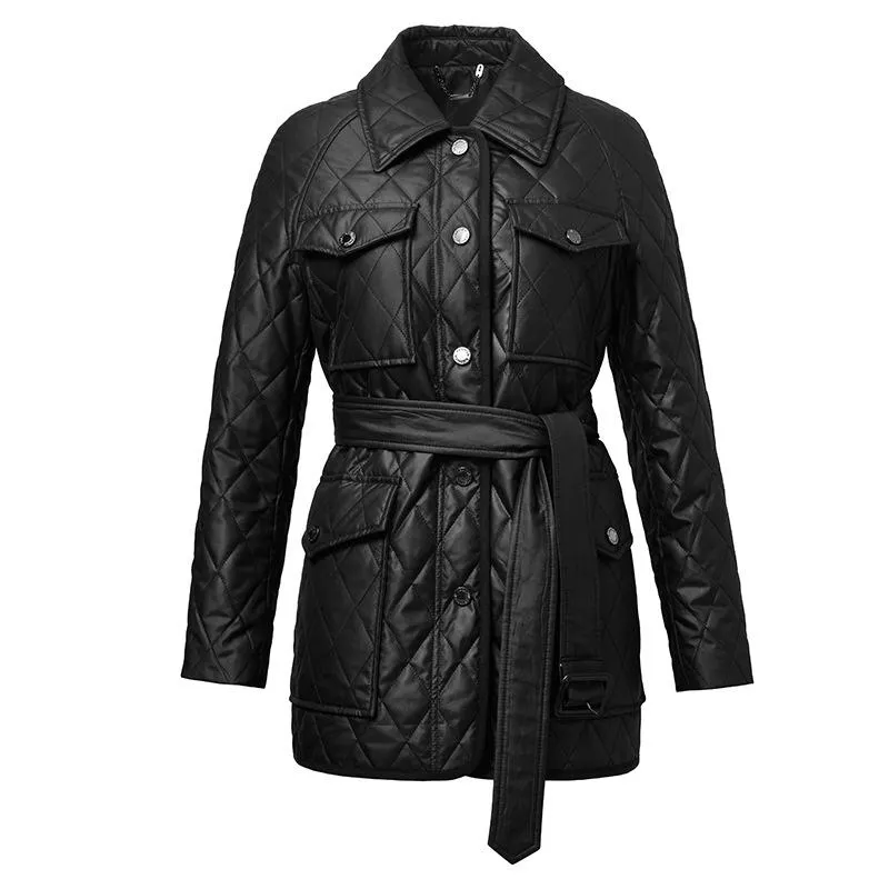 Flap Pocket Quilted Belted Puffer Jacket