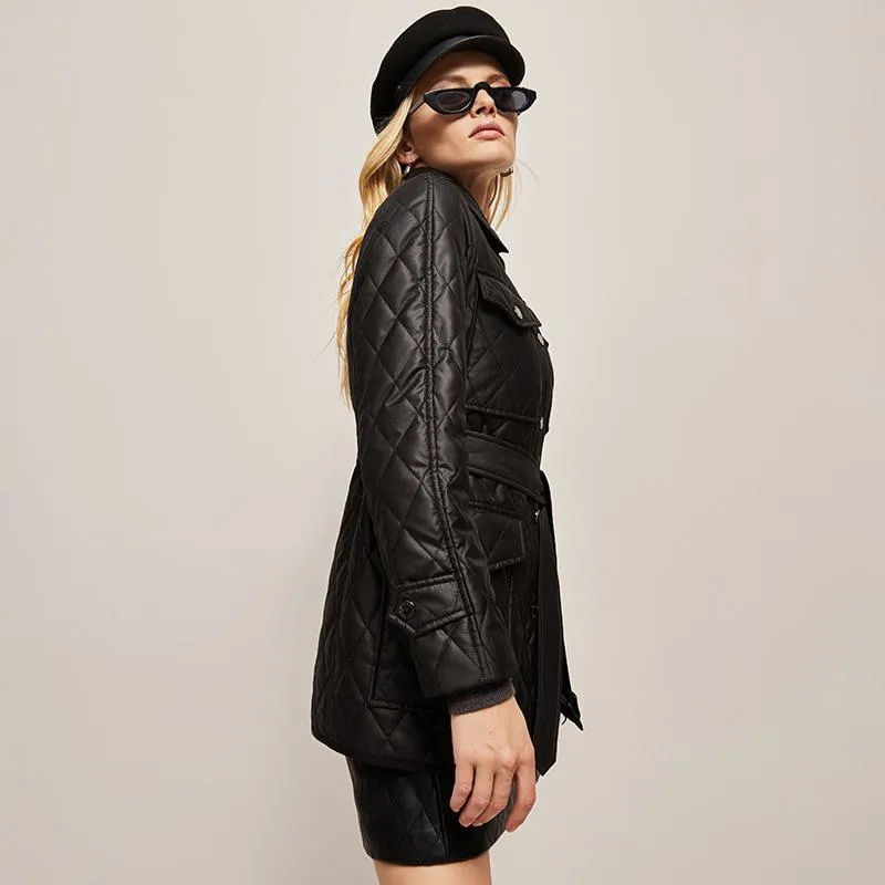 Flap Pocket Quilted Belted Puffer Jacket