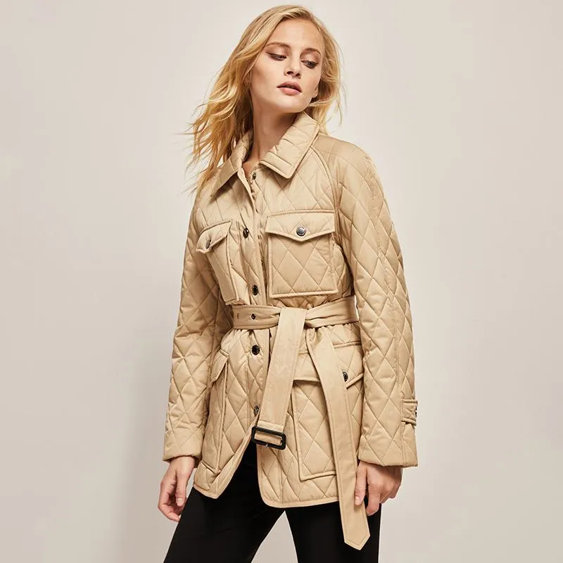 Flap Pocket Quilted Belted Puffer Jacket