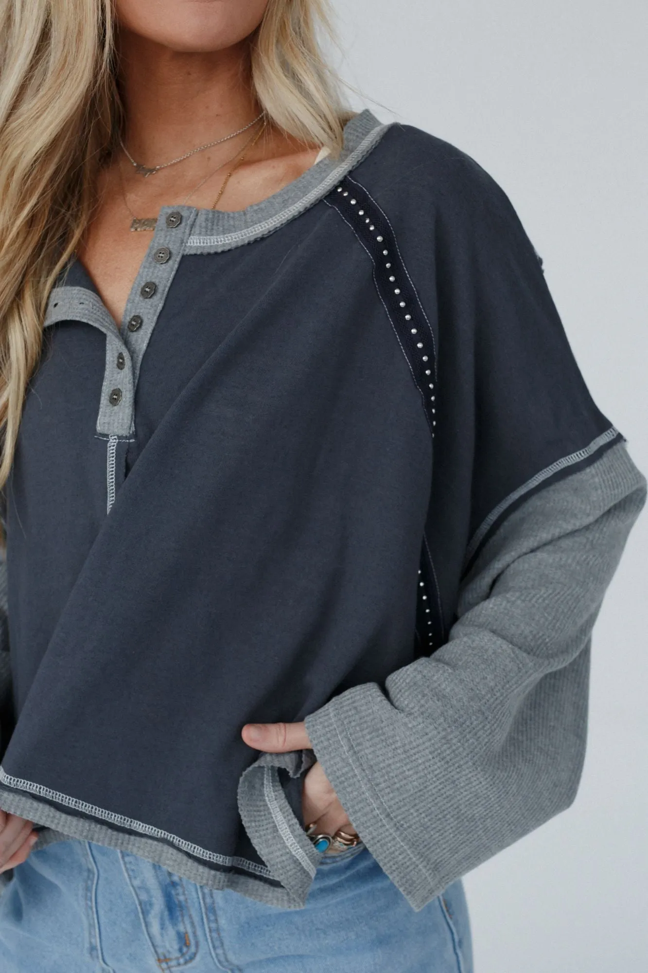 Free Throw Studded Henley Top - Charcoal