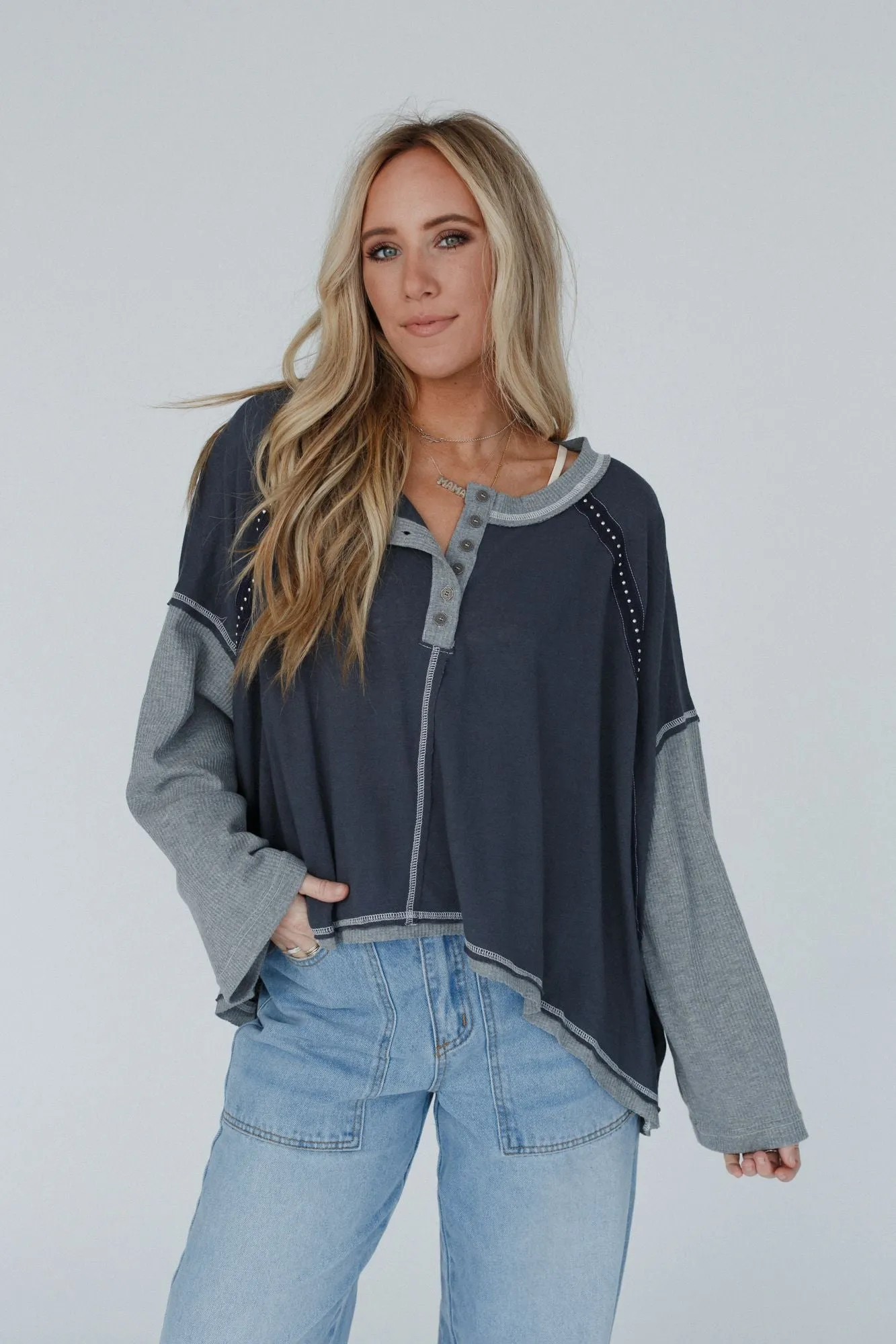 Free Throw Studded Henley Top - Charcoal