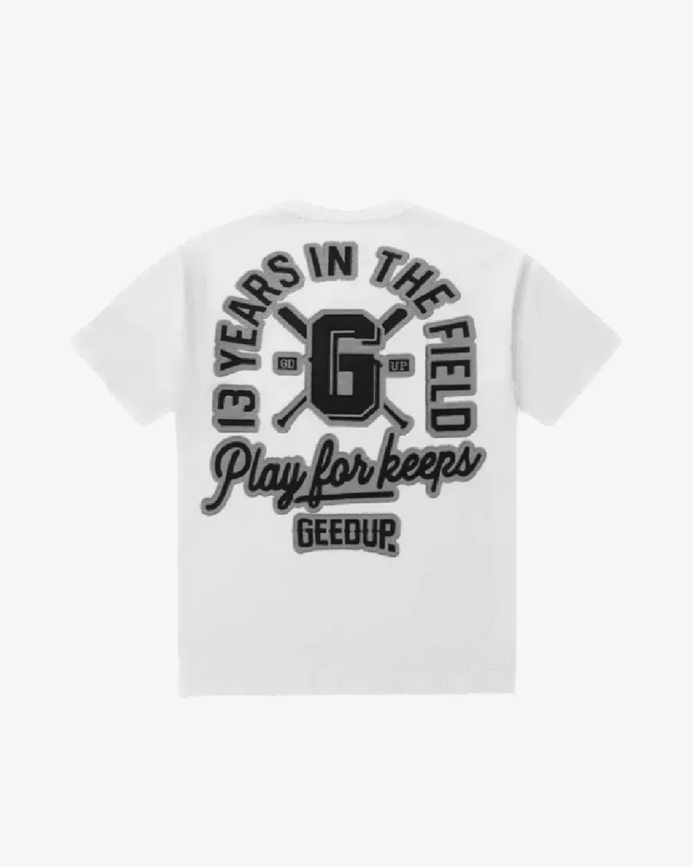 GEEDUP PLAY FOR KEEPS 13 YR WHITE GREY TEE