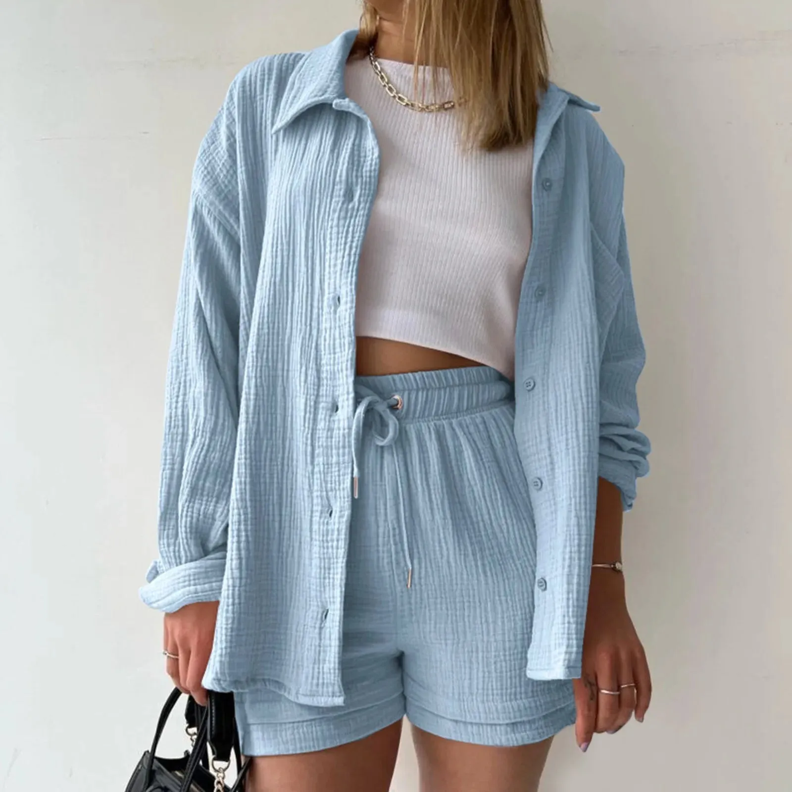 Gentle Sky Blue Elegant Temperamental Lapel Solid Color Basic Shirt Top Shorts Fashion Set