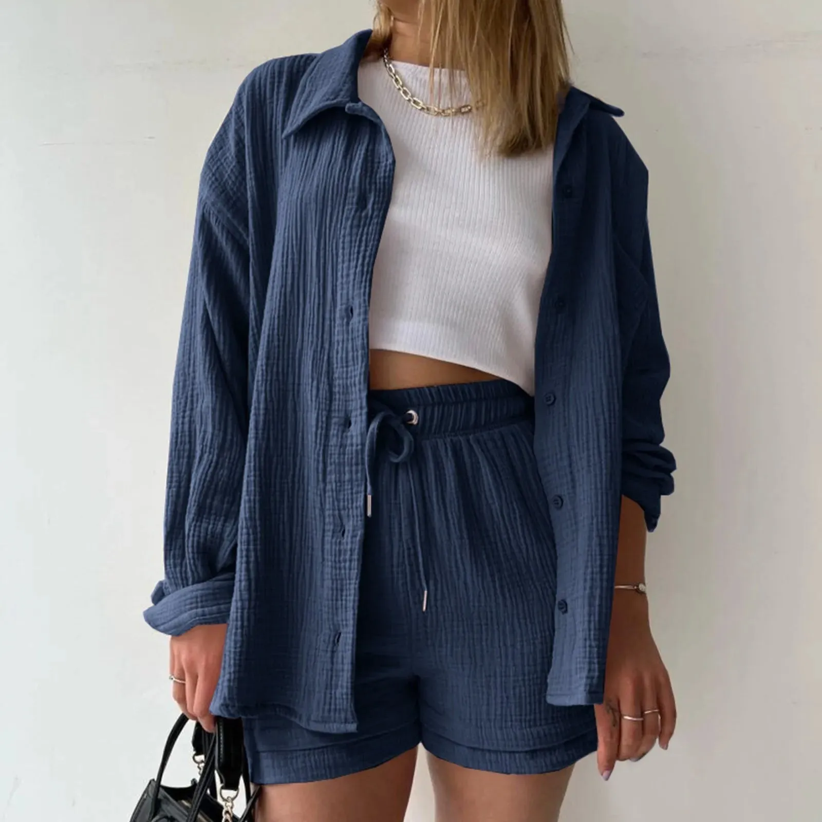 Gentle Sky Blue Elegant Temperamental Lapel Solid Color Basic Shirt Top Shorts Fashion Set