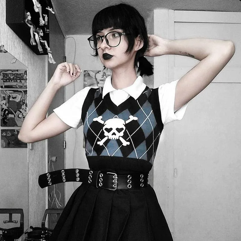 Gothic Skull And Crossbones Print Sweater Vest Sleeveless Jumper Women's Jumper Girls Jumper Goth Rock Fashion Heart Eyes