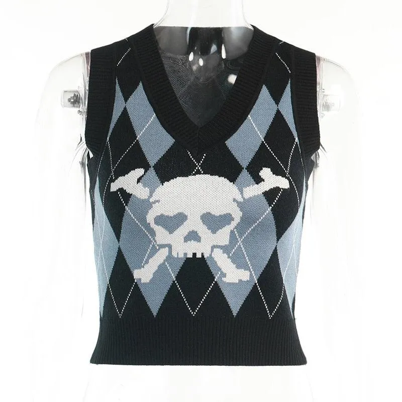 Gothic Skull And Crossbones Print Sweater Vest Sleeveless Jumper Women's Jumper Girls Jumper Goth Rock Fashion Heart Eyes