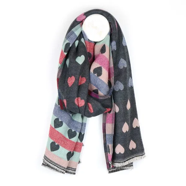 Grey & Pastel Reversible Multicoloured Heart & Check Scarf