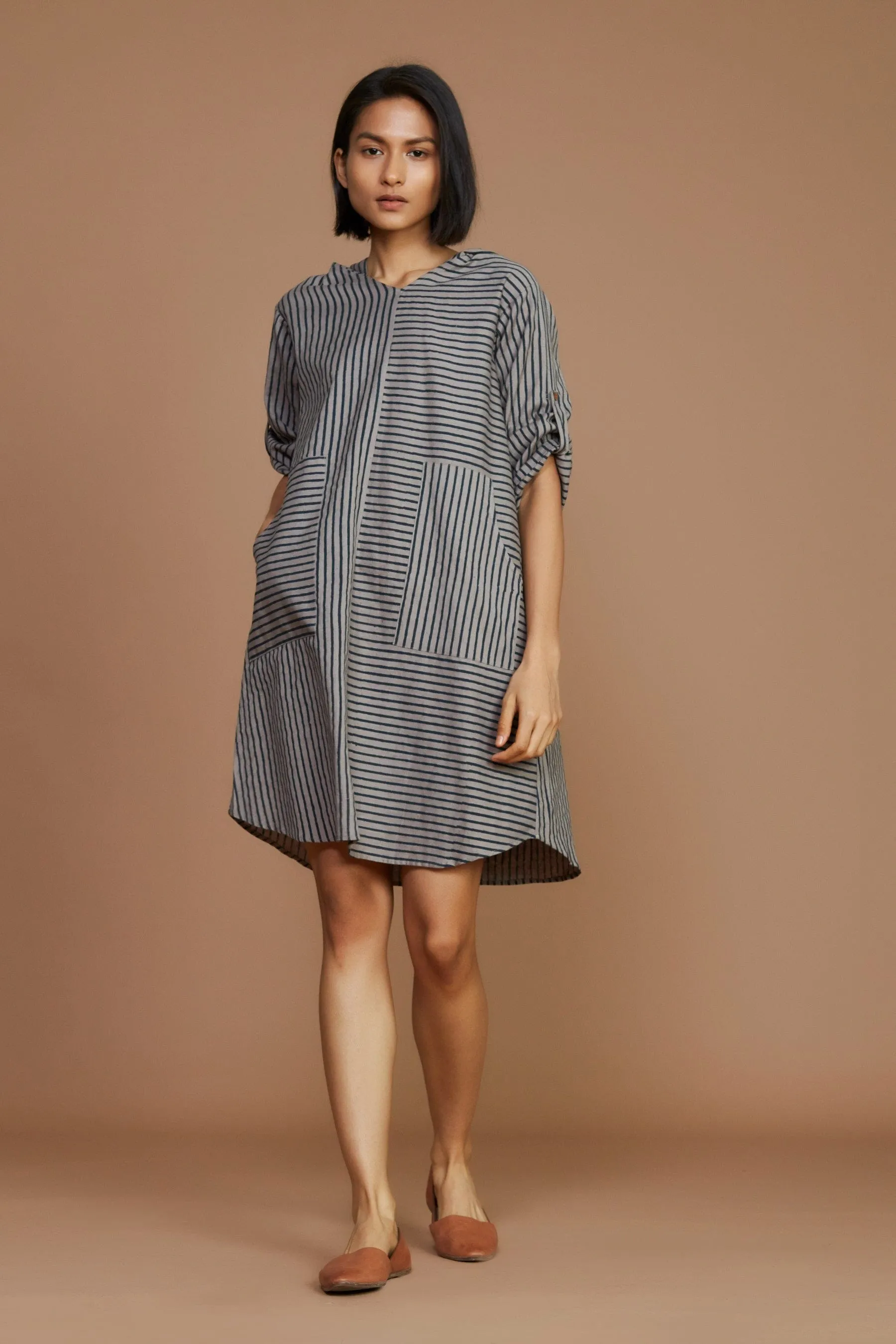 Grey With Charcoal Striped Hooded Dress (Ready to Ship)