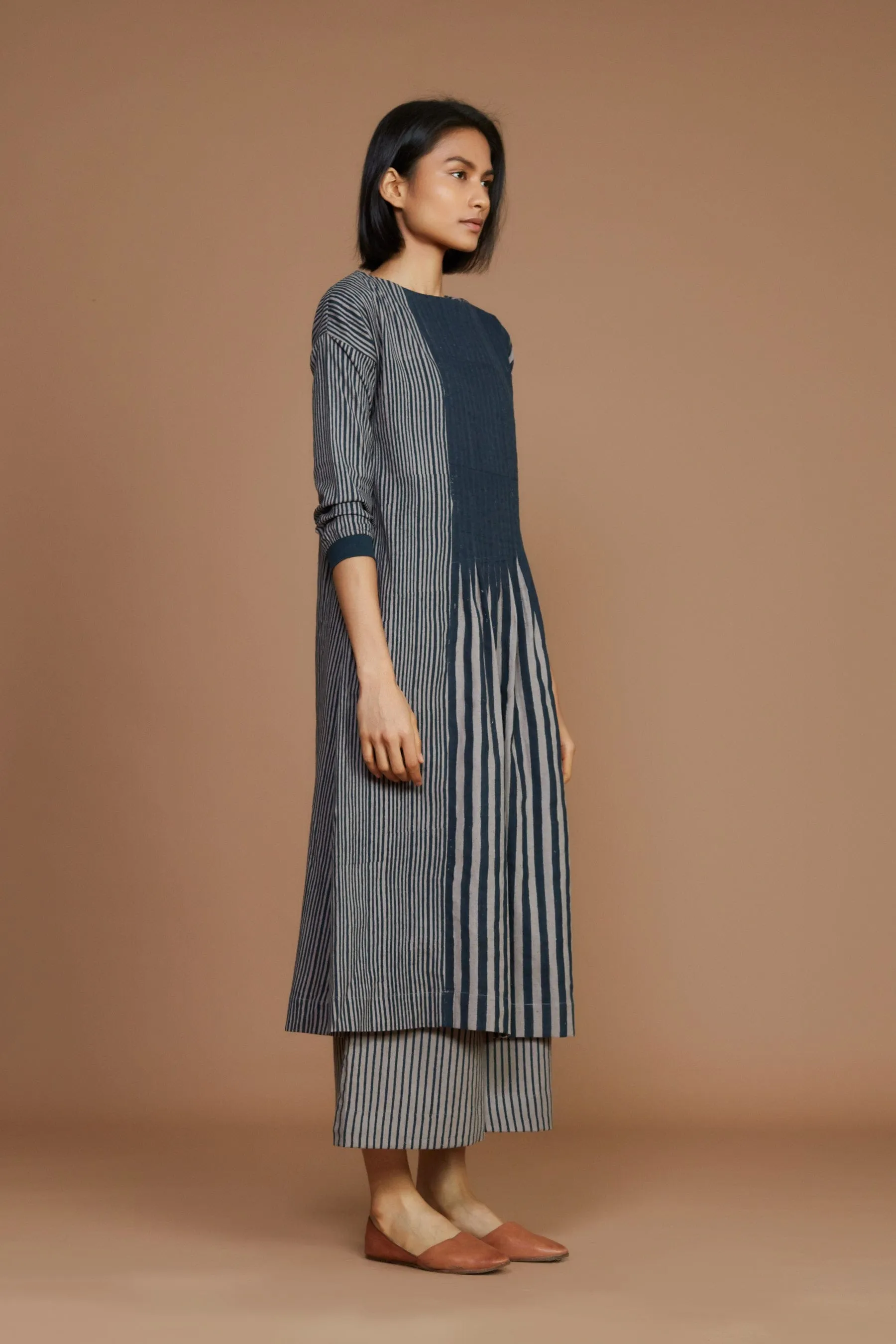 Grey With Charcoal Striped Pleated Dress (Ready to Ship)