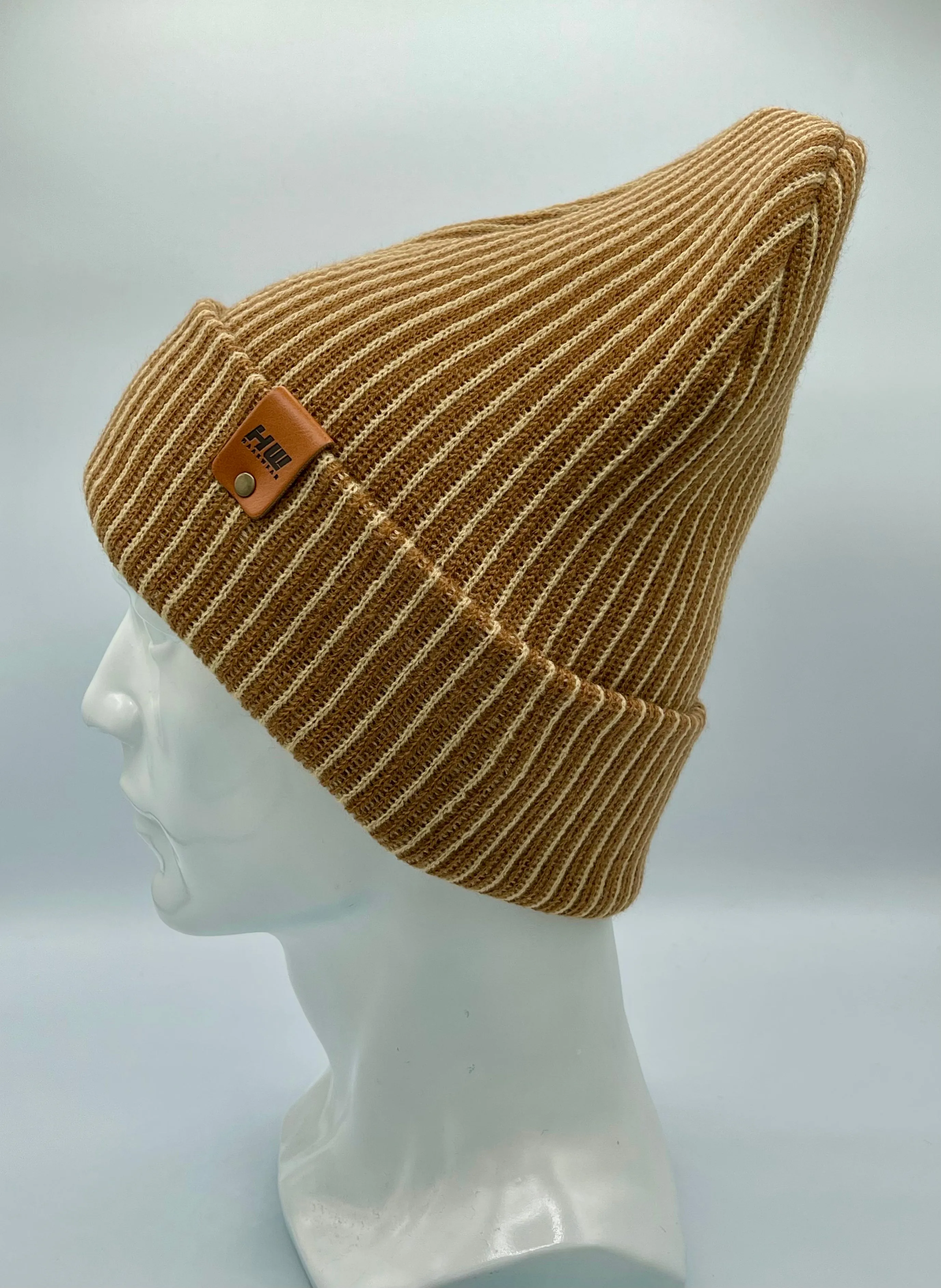 HAAKWEAR Cuffed Wide Ribbed Striped Beanie, Limited Edition, Beige/Brown, Made in USA