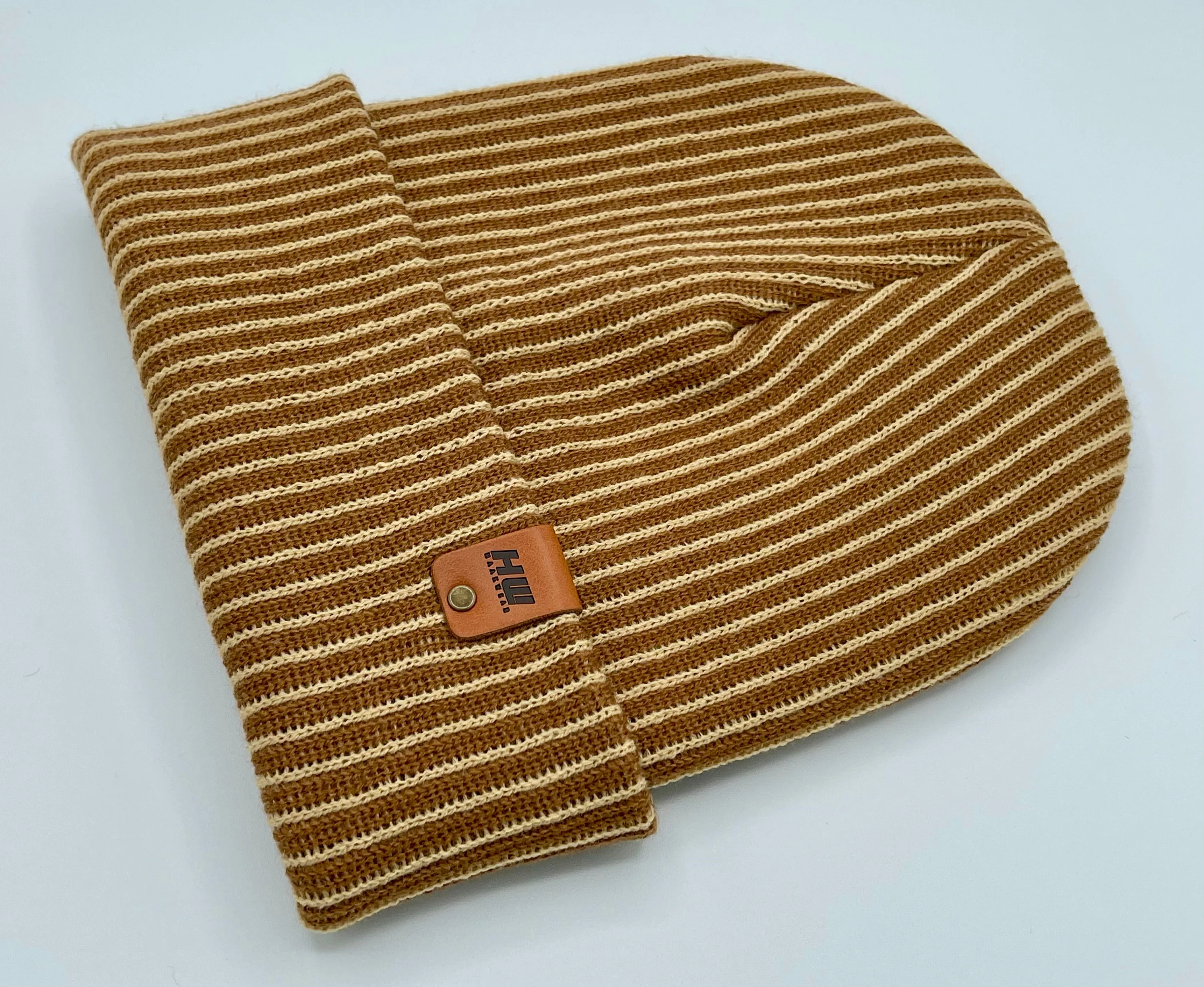 HAAKWEAR Cuffed Wide Ribbed Striped Beanie, Limited Edition, Beige/Brown, Made in USA