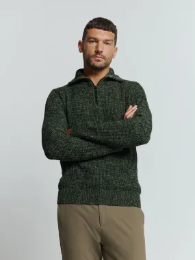 Half-Zip Sweater with High Collar in Three-Tone Ribbed Design: Modern Elegance and Comfort | Dark Green