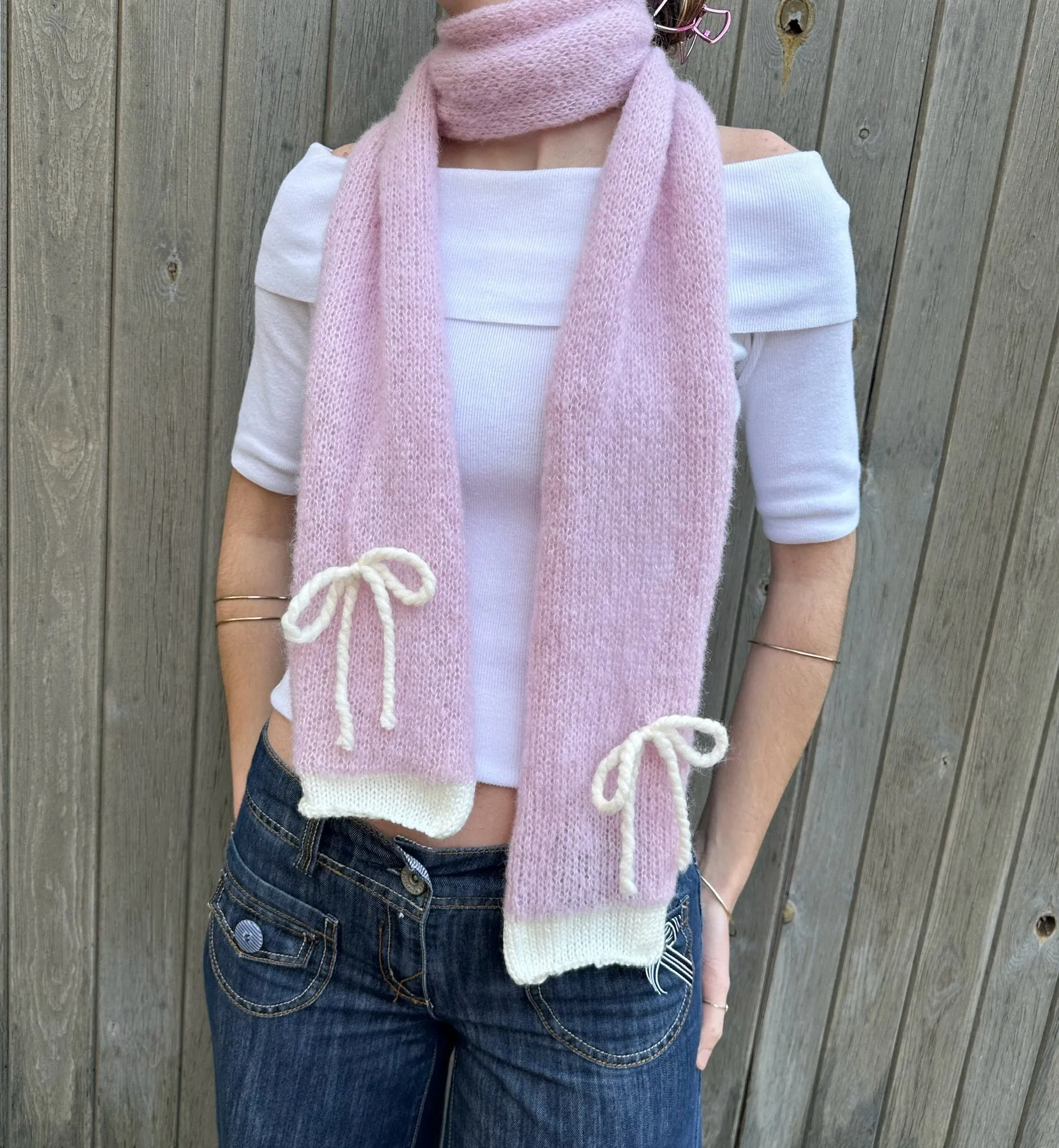 Handmade knitted baby pink and cream mohair bow scarf