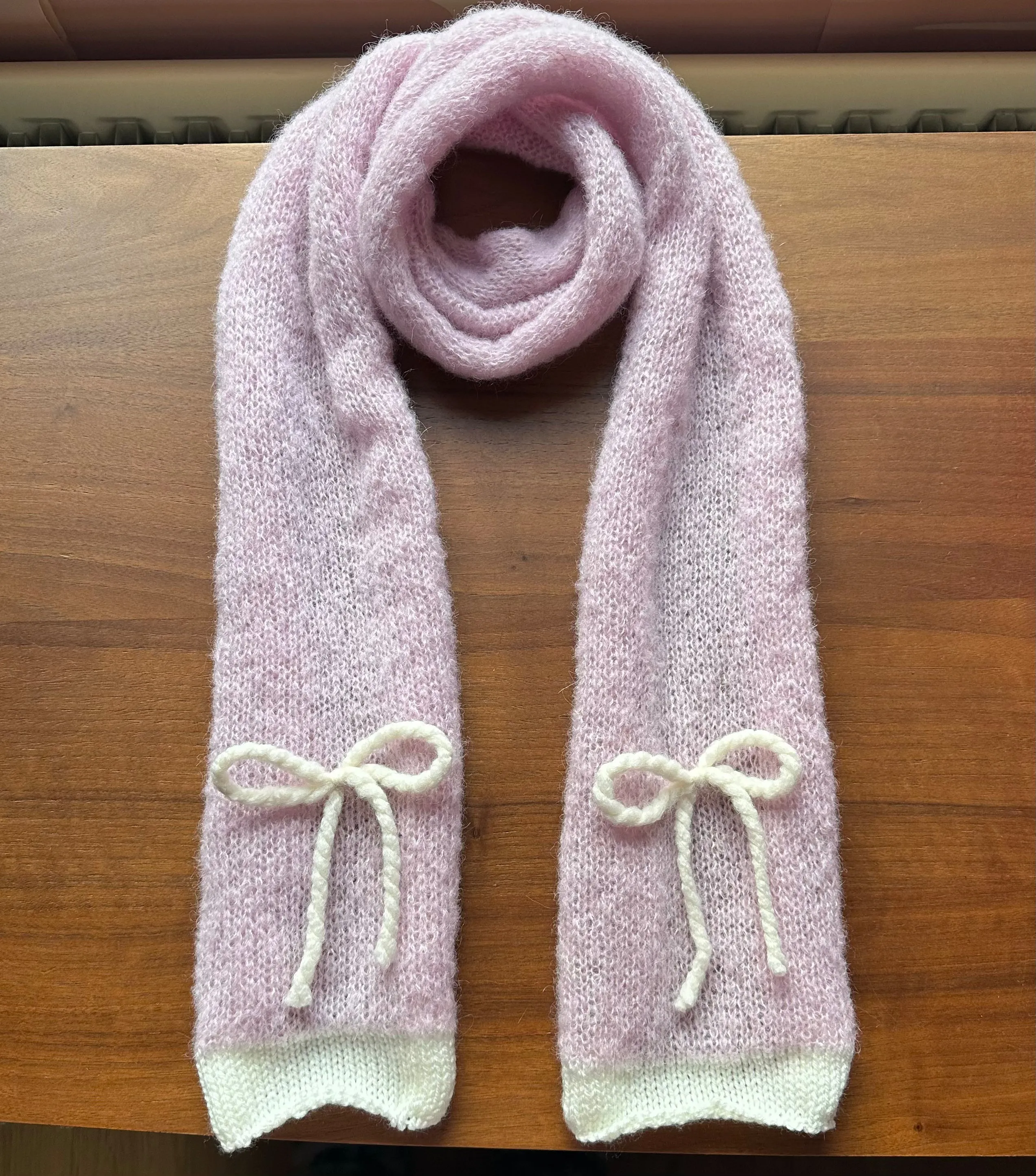 Handmade knitted baby pink and cream mohair bow scarf