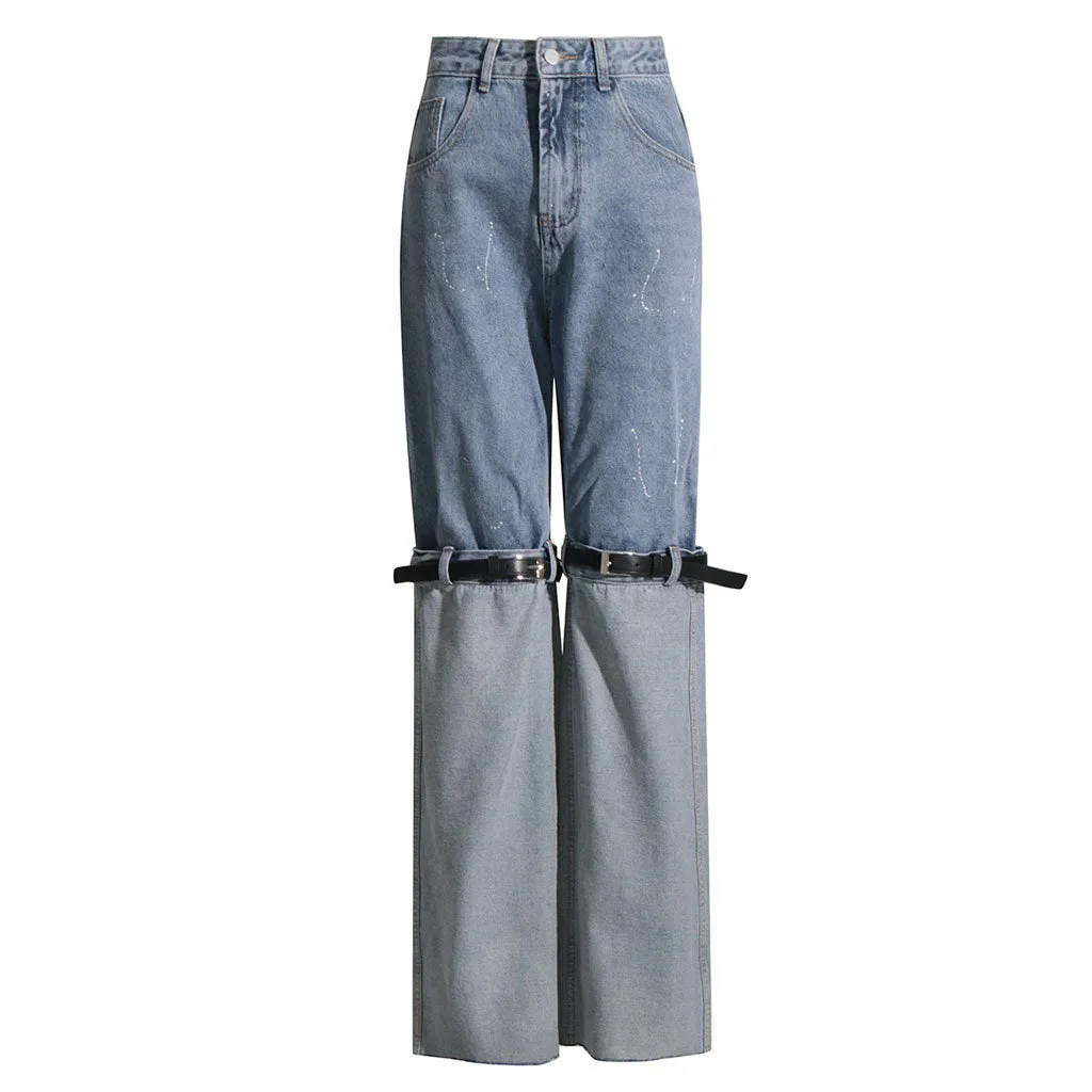 High Street High Waist Contrast Blue Belted Turn-up Straight Leg Hybrid Jeans