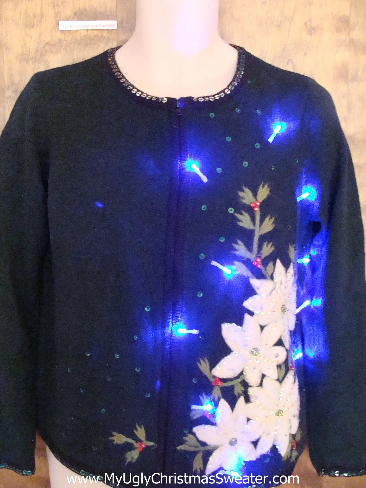 Horrible White Poinsettias Christmas Sweater with Lights