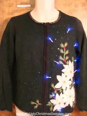 Horrible White Poinsettias Christmas Sweater with Lights