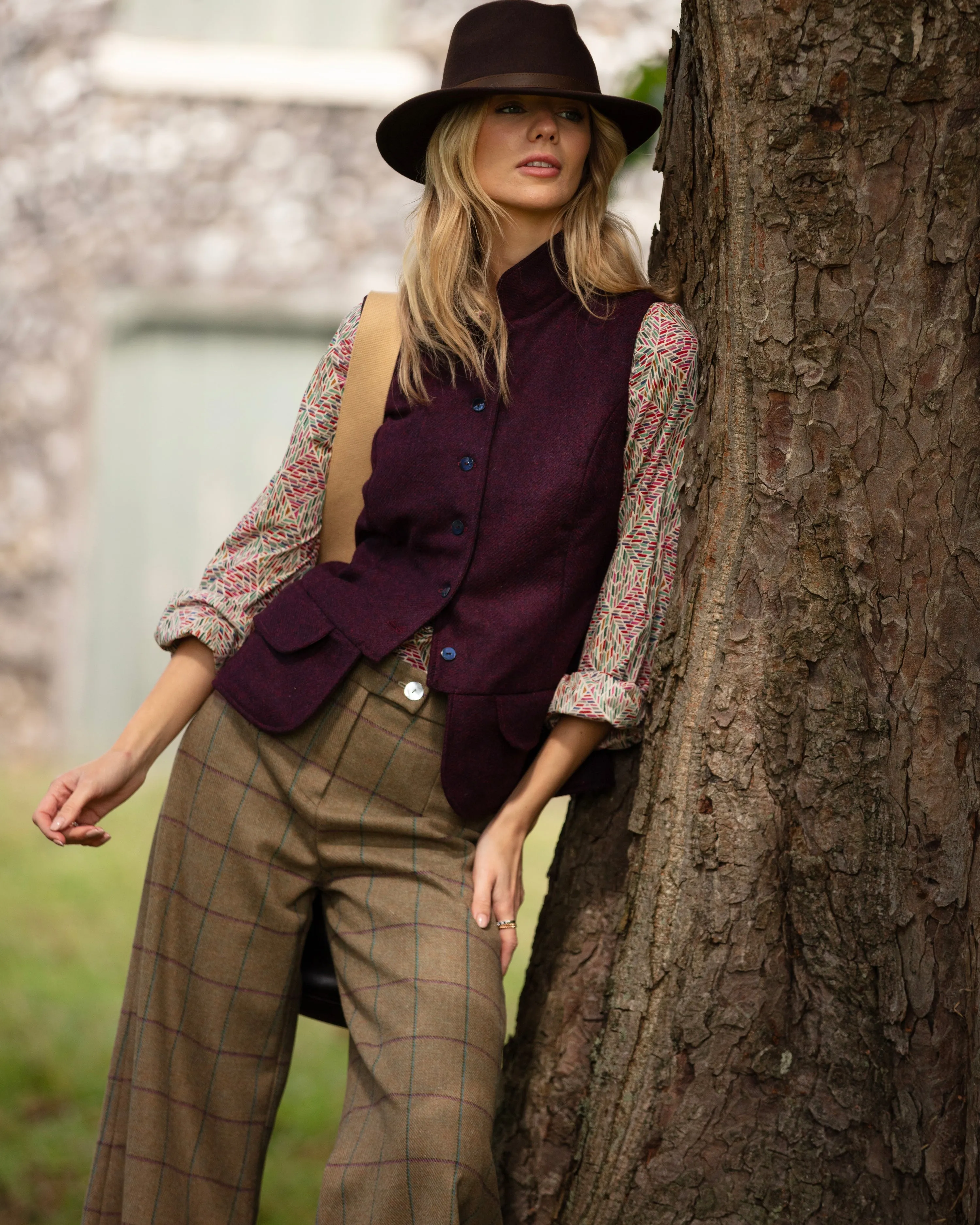 India Ladies Tweed Waistcoat - Damson Shetland Twill