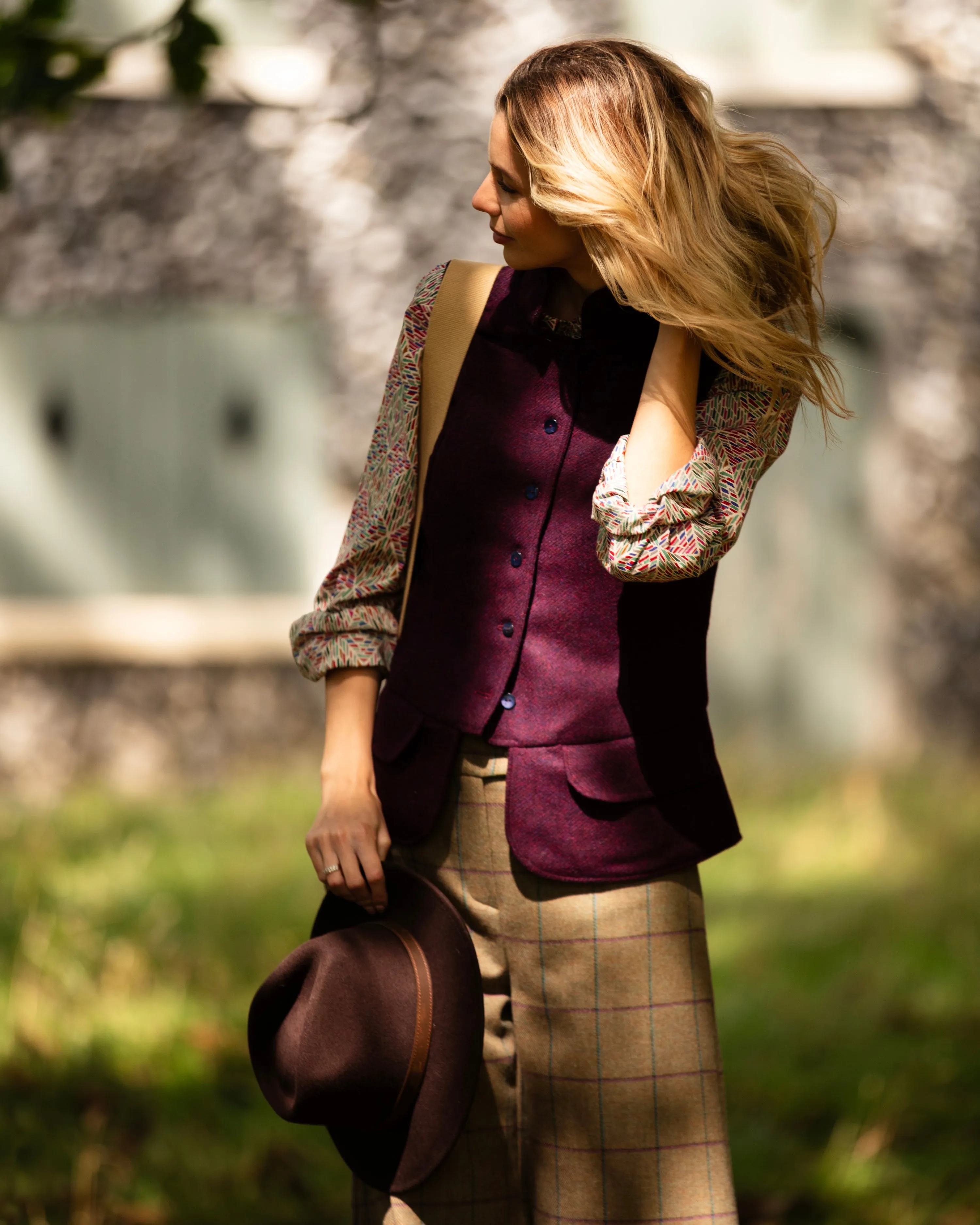 India Ladies Tweed Waistcoat - Damson Shetland Twill