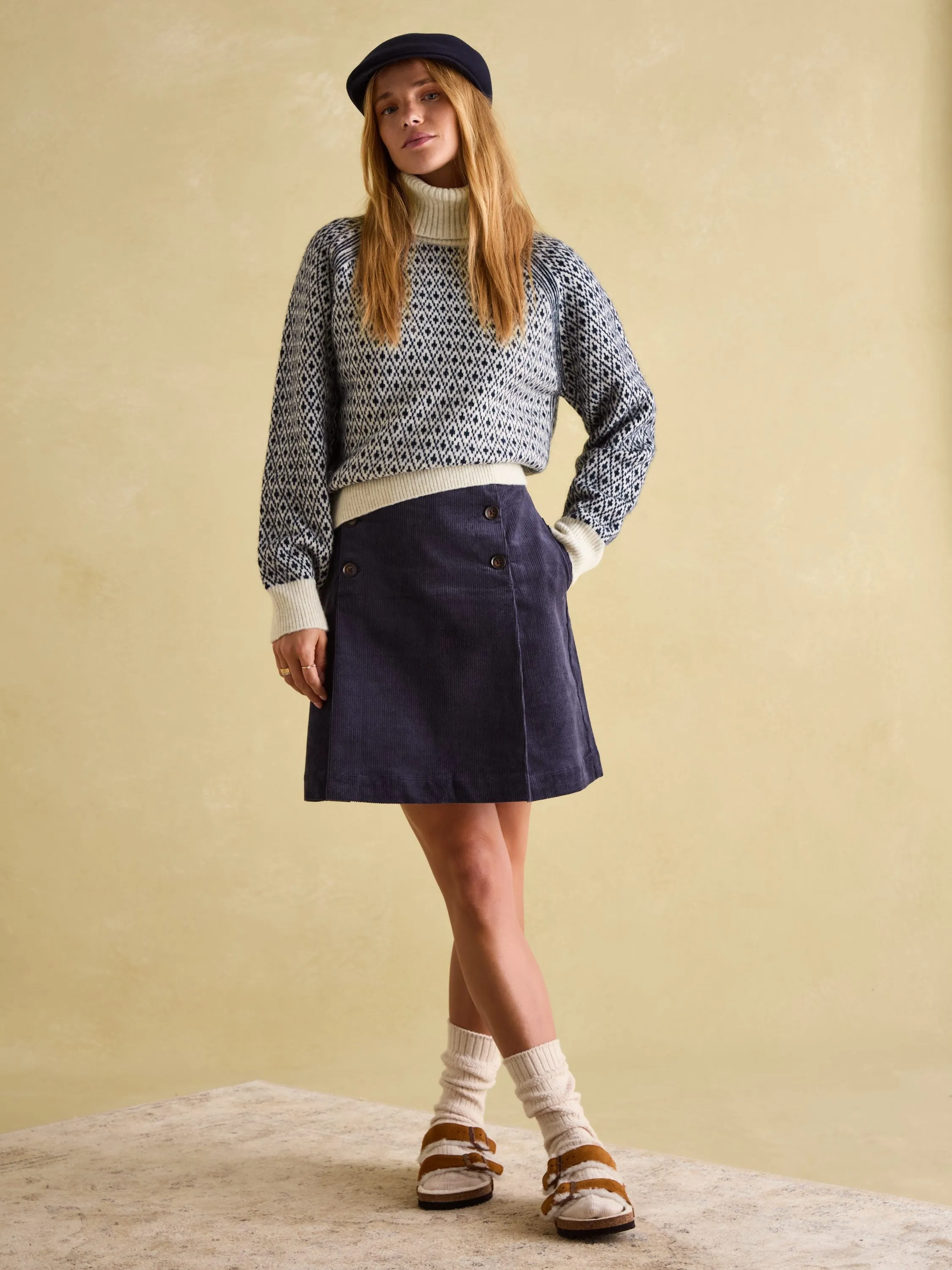 Ingrid Cream/Navy Patterned Jumper with Detachable Roll Neck