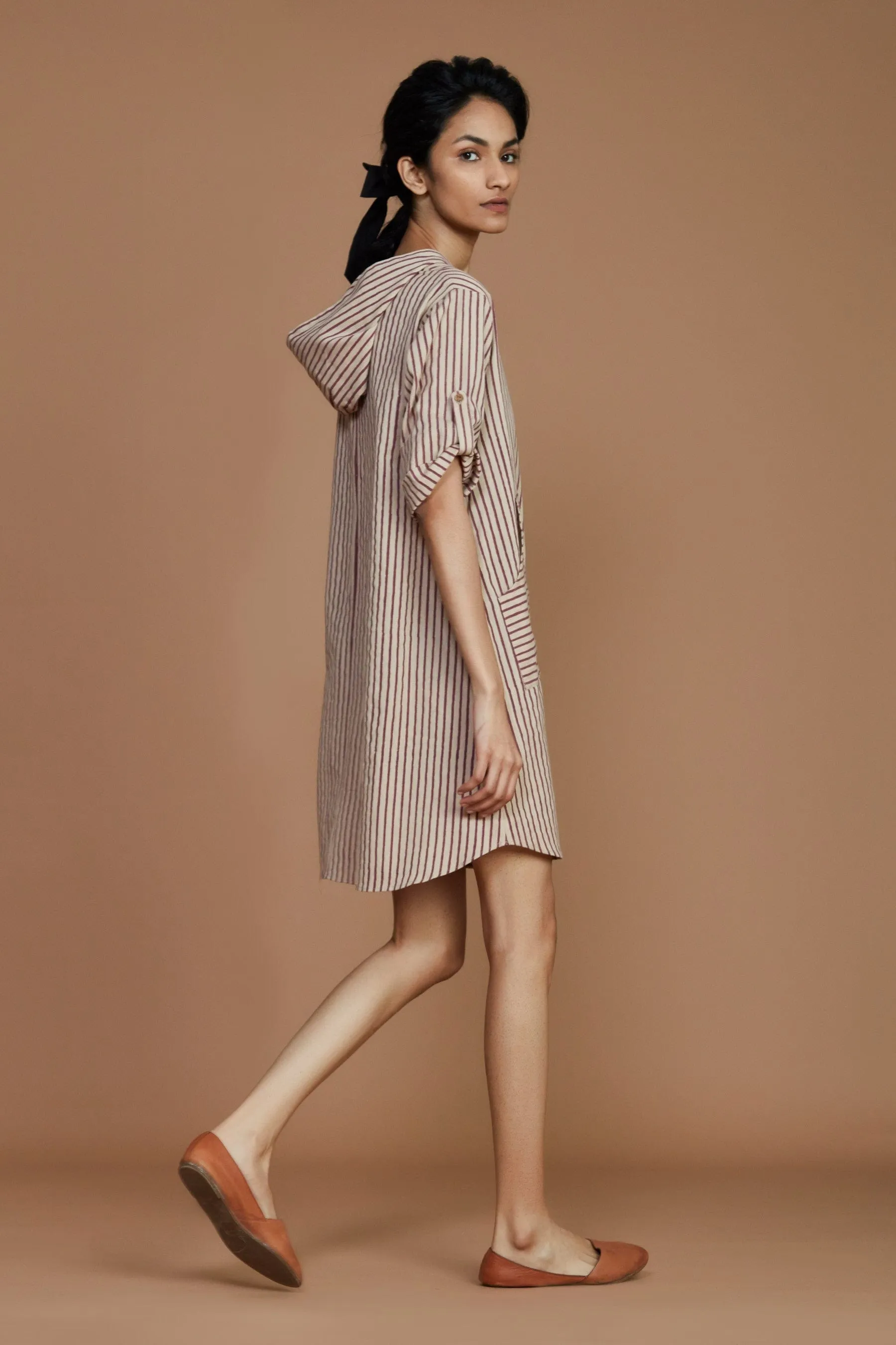 Ivory With Mauve Striped Hooded Dress