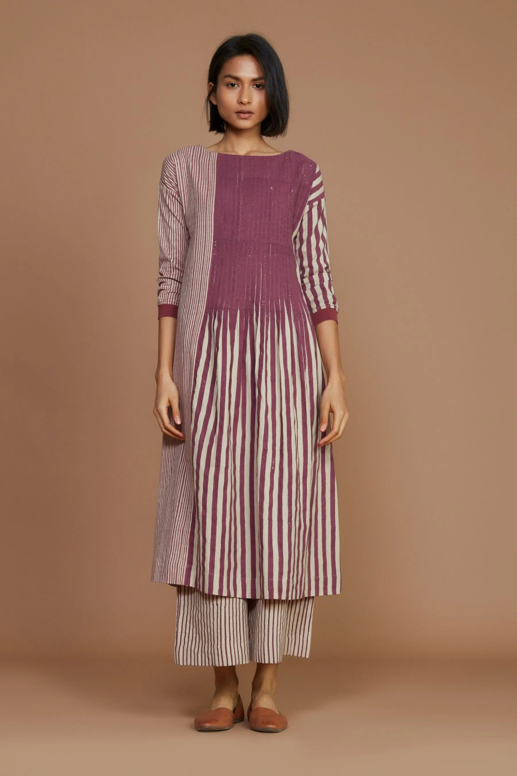 Ivory With Mauve Striped Pleated Dress (Ready to Ship)