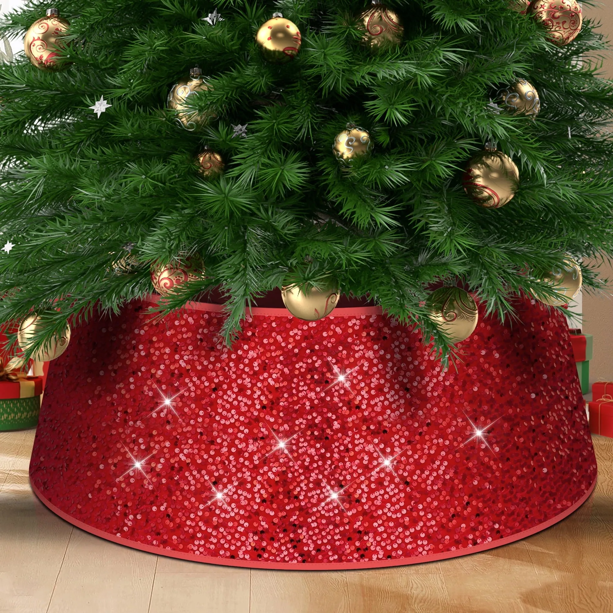 IZNEN 34" Sequin Christmas Tree Collar,Tree Bottom Base,Red