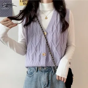 Joskaa New Knitted Vest Women Autumn Spring Retro Sleeveless V-neck Cardigan Long Shirt Loose Clothes Outside Wearing Blusas 16051