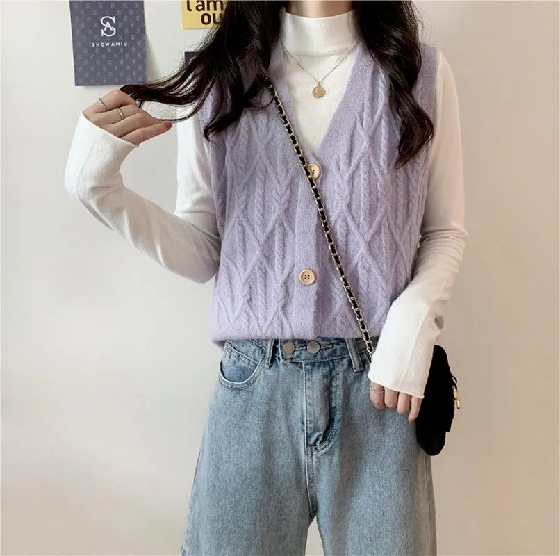 Joskaa New Knitted Vest Women Autumn Spring Retro Sleeveless V-neck Cardigan Long Shirt Loose Clothes Outside Wearing Blusas 16051