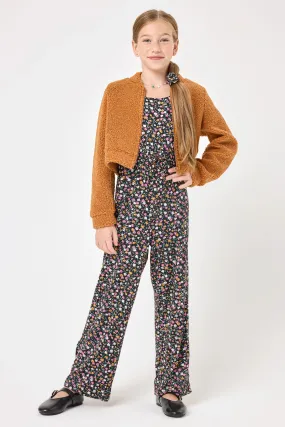 Kids Floral Jumpsuit w. Mustard Sherpa Fleece Jacket