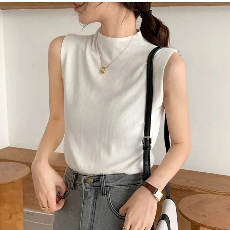 Knitted Summer Tank Top Women Turtleneck Camisole Slim Sexy Top Female Sleeveless T-Shirt Vest Casual White Grey T-shirts