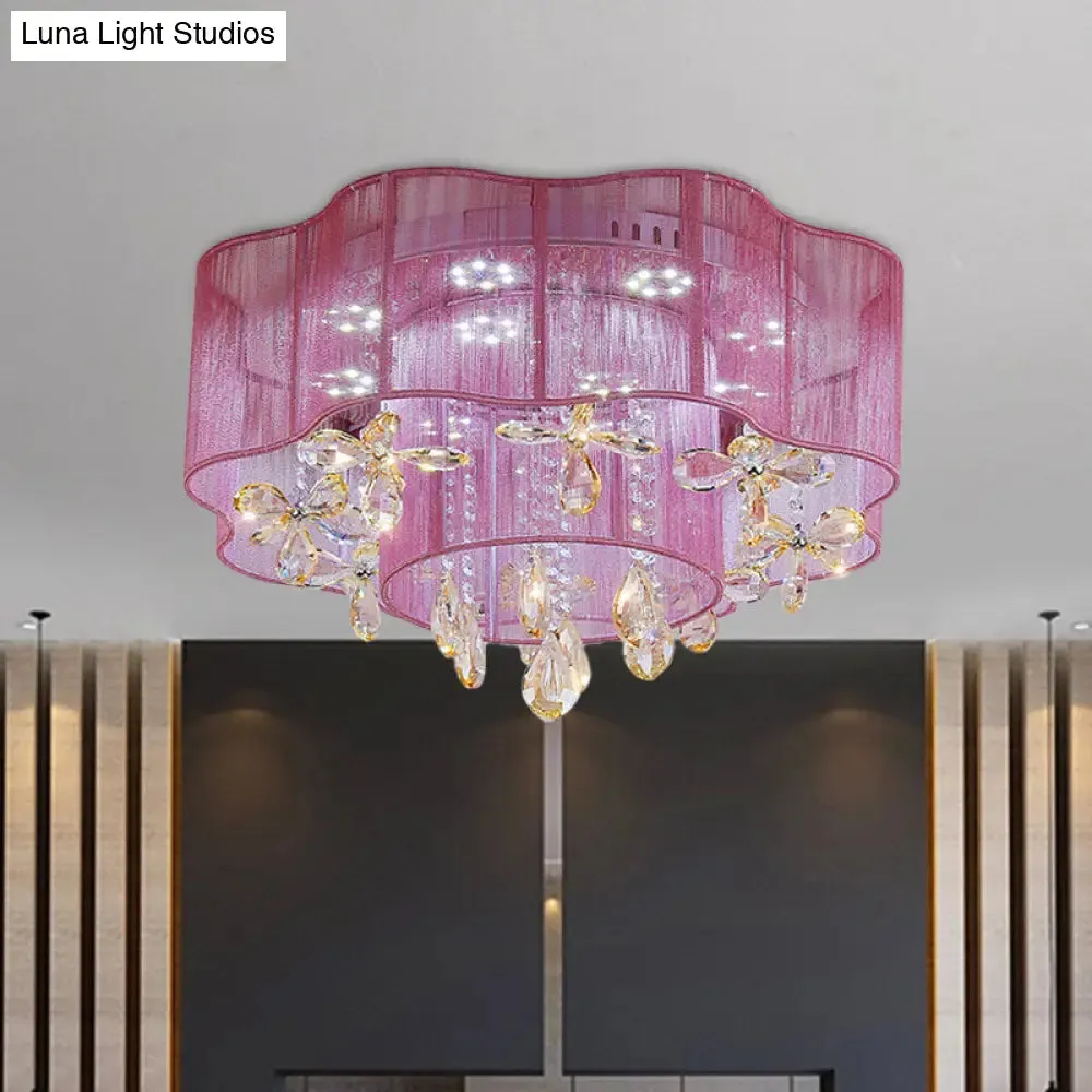 LED Flower Ceiling Light with Crystal Drops - Gold/Pink Modern 2-Layer Fabric Mount