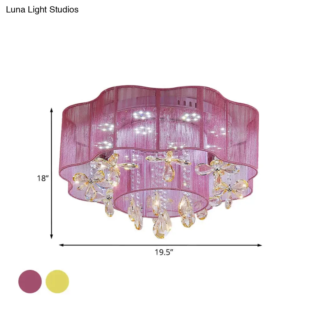 LED Flower Ceiling Light with Crystal Drops - Gold/Pink Modern 2-Layer Fabric Mount