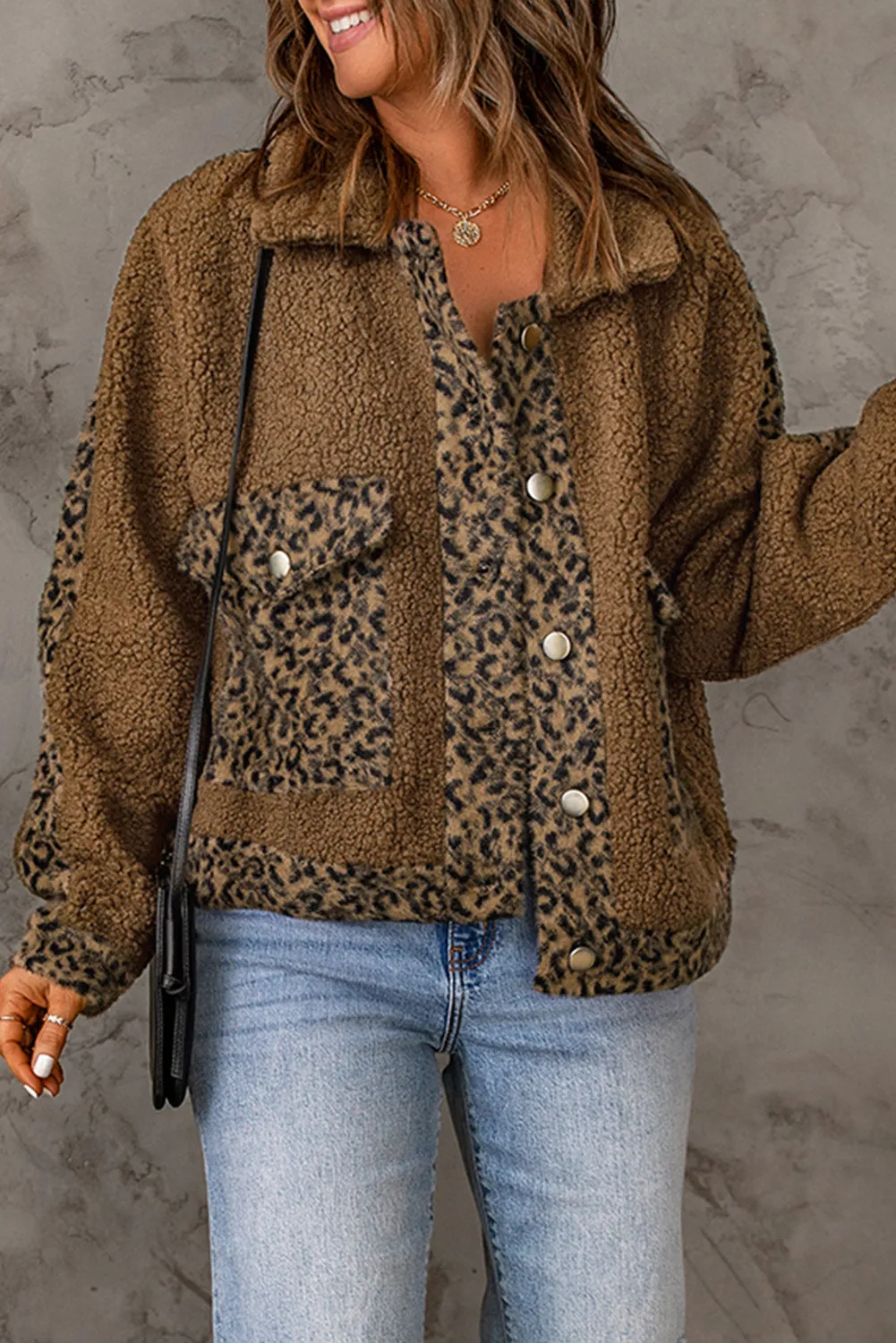 Leopard Patchwork Pocketed Sherpa Jacket