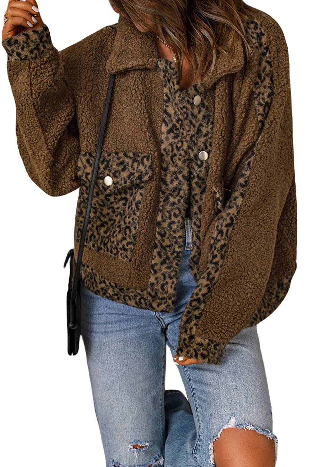 Leopard Patchwork Pocketed Sherpa Jacket