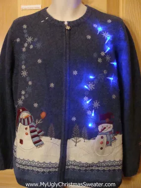 Light Up Blue Christmas Sweater with Snowmen