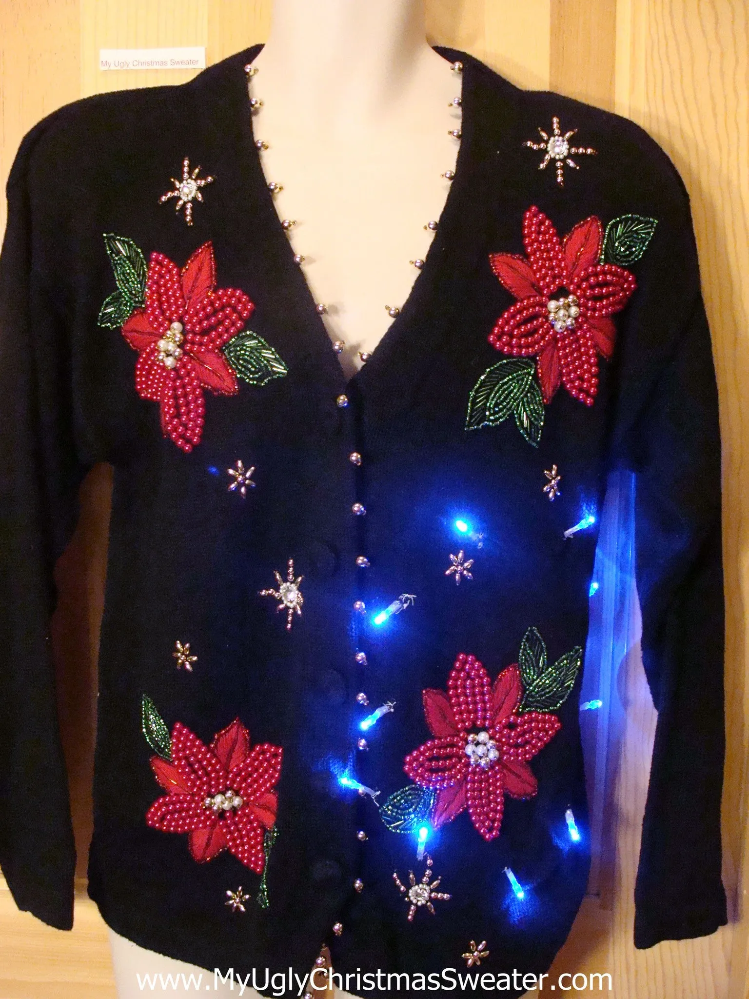 Light Up Christmas Sweater Bling Bead Poinsettias