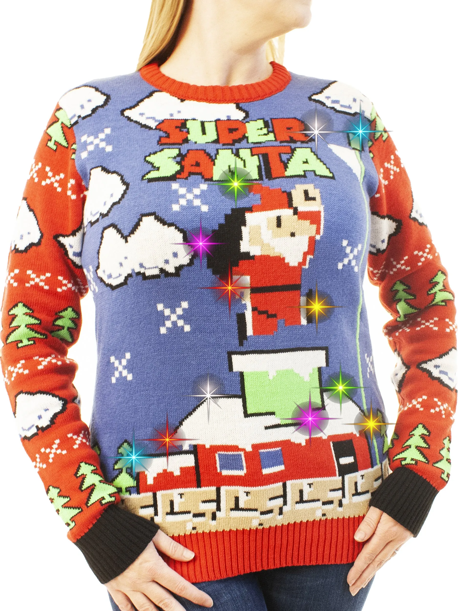 Light Up- Super Santa | Ugly Christmas Sweater For Men & Women | Unisex Sizing