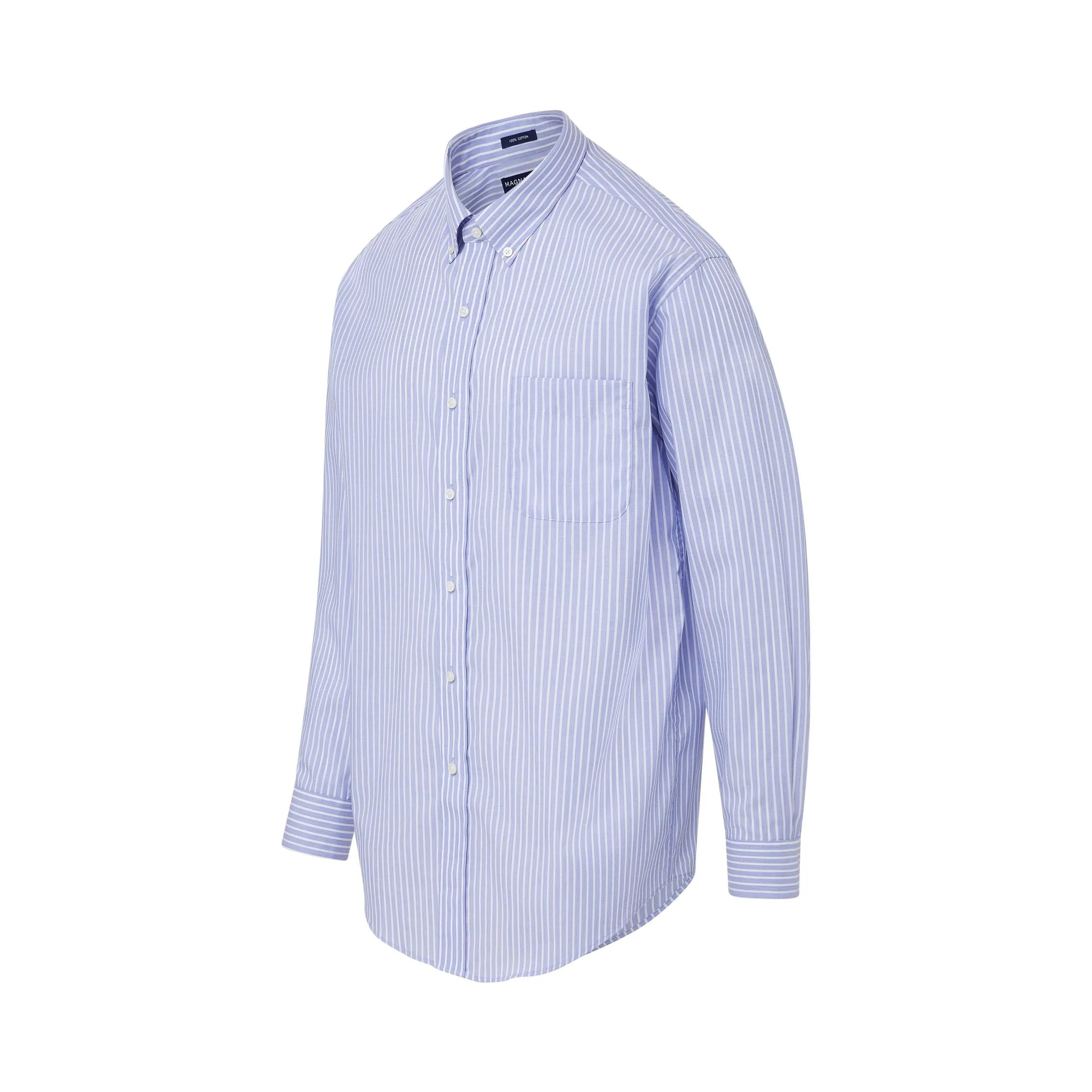 Long Sleeve Blue Button Down Collar Stripe Classic Plaid Shirt with Magnetic Closures