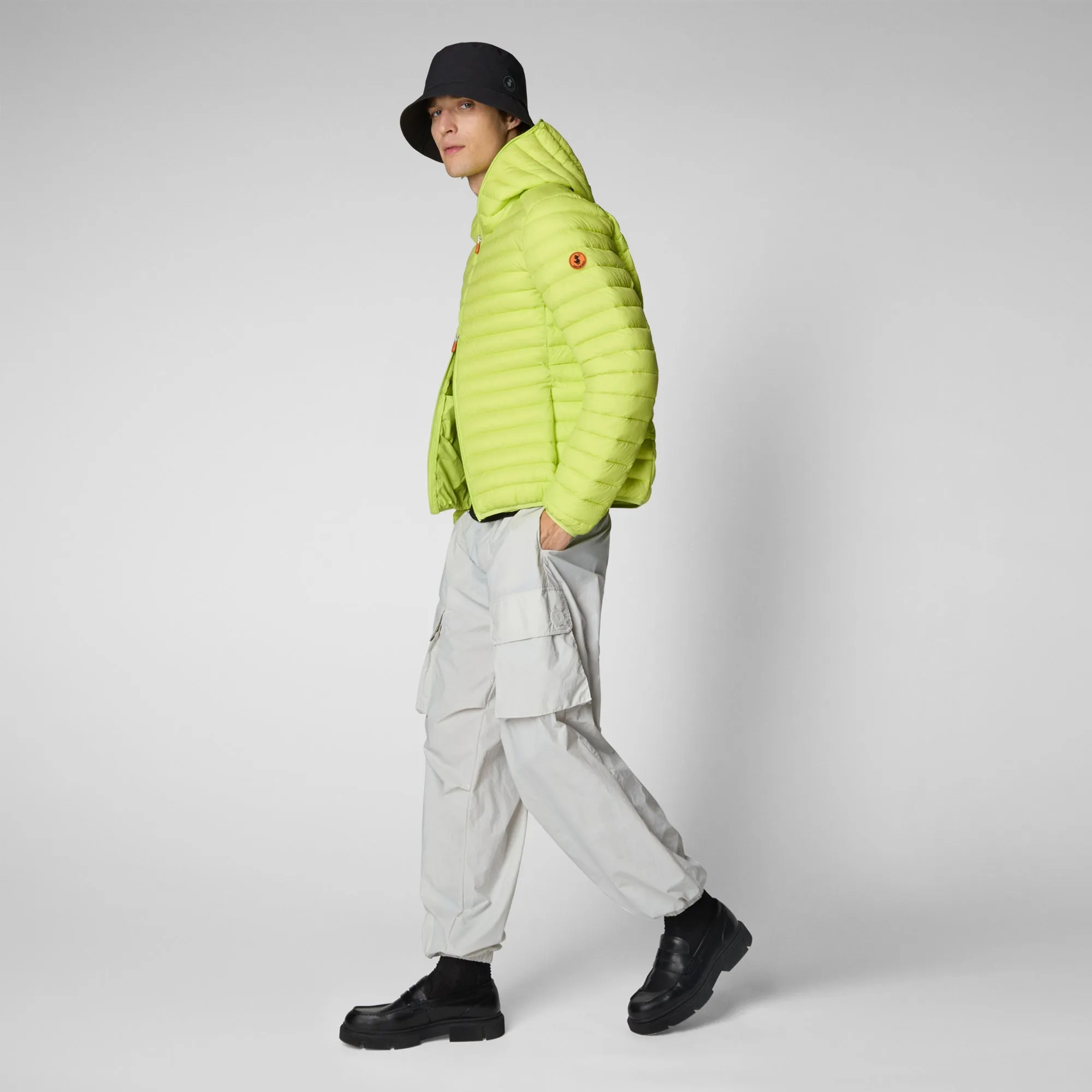 Man's animal free hooded puffer jacket Donald in lichen green